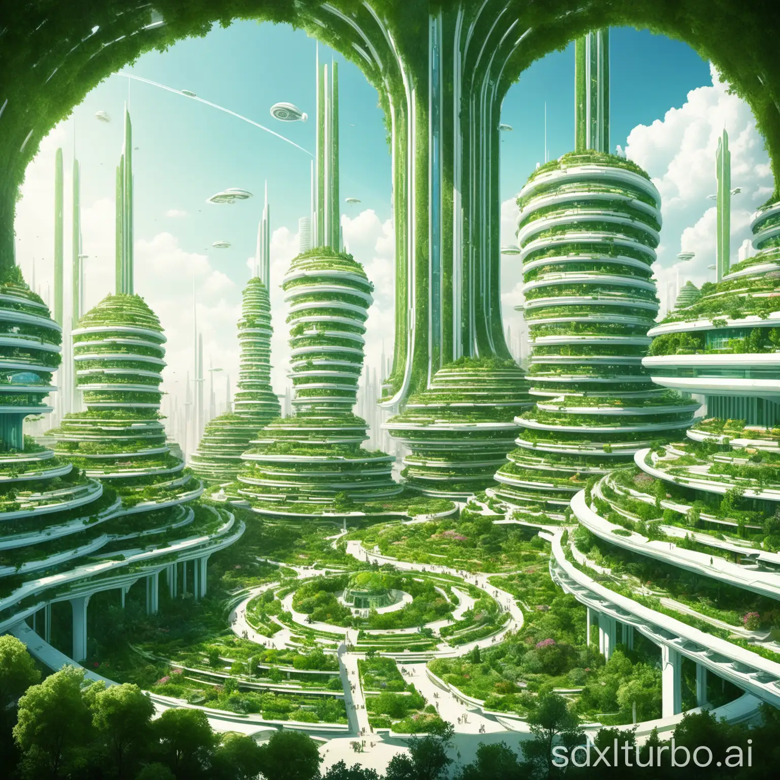 utopian city of the future, a lot of greenery, architecture in the Bozar style