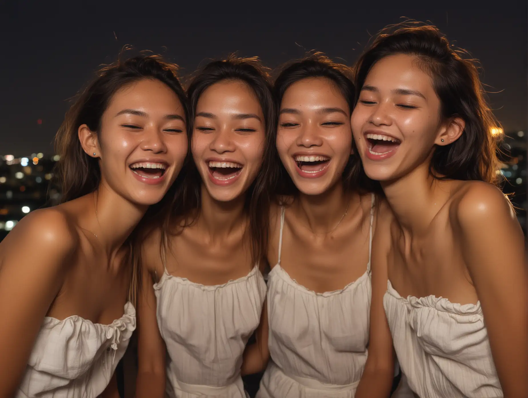 candid shot of faces of three beautiful skinny angelic models from cambodia at a party in a penthouse at dusk laughing hysterically together and overflowing with joy 
