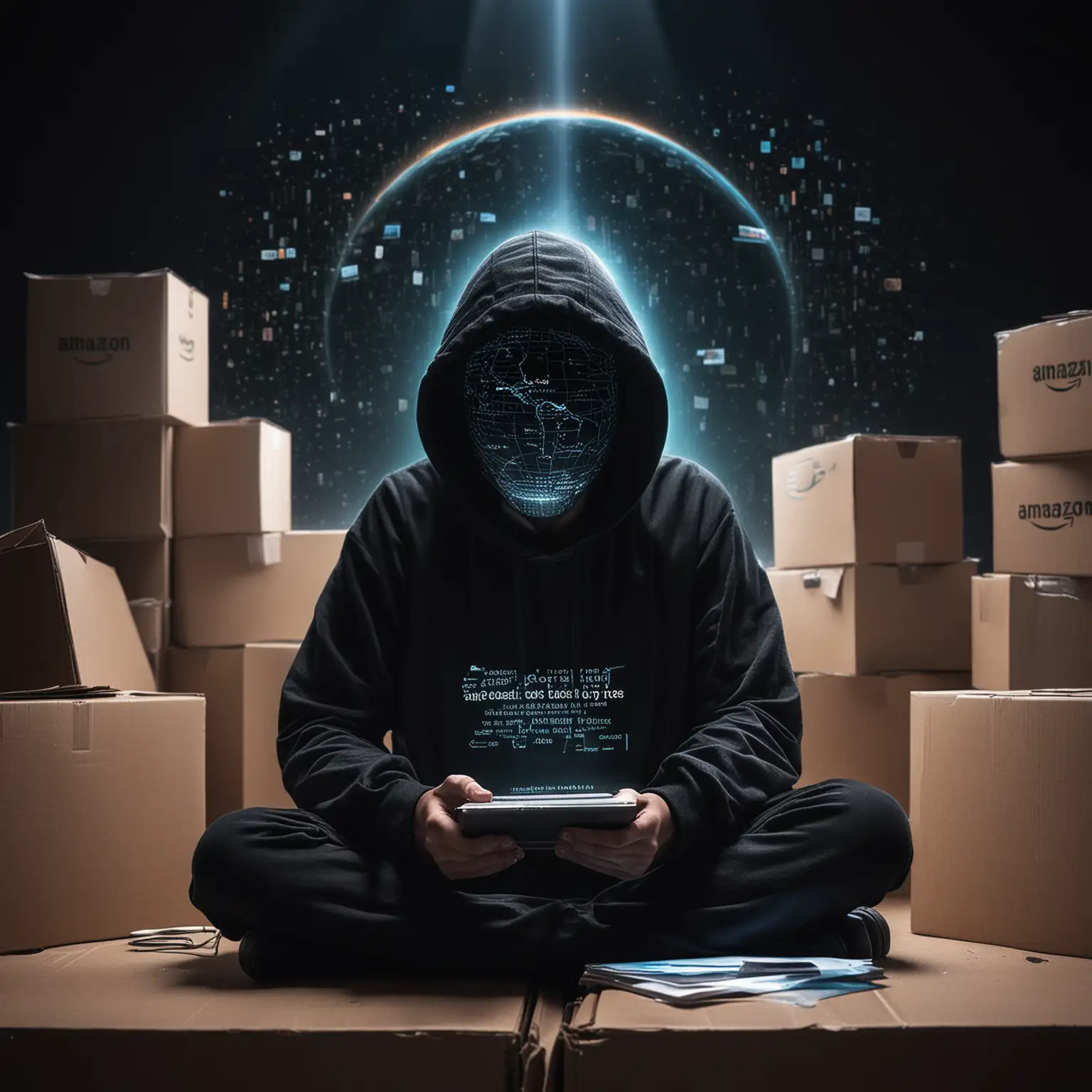 Man-in-Black-Hoodie-with-Hologram-of-Planet-and-Amazon-Boxes