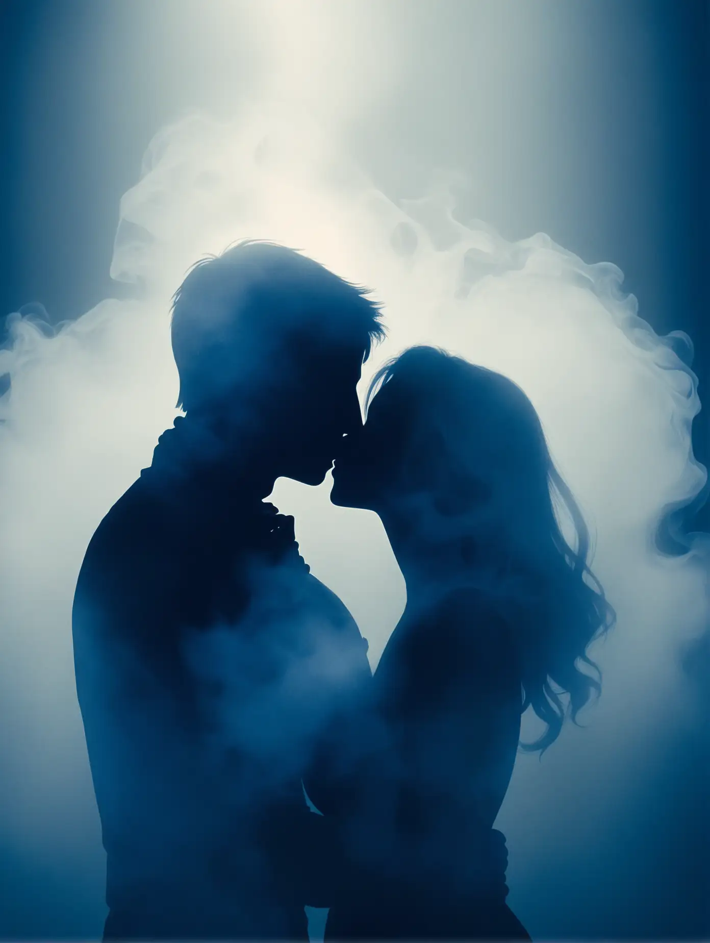  silhouettes of heads  of a couple man and woman kissing  in Blue smoke