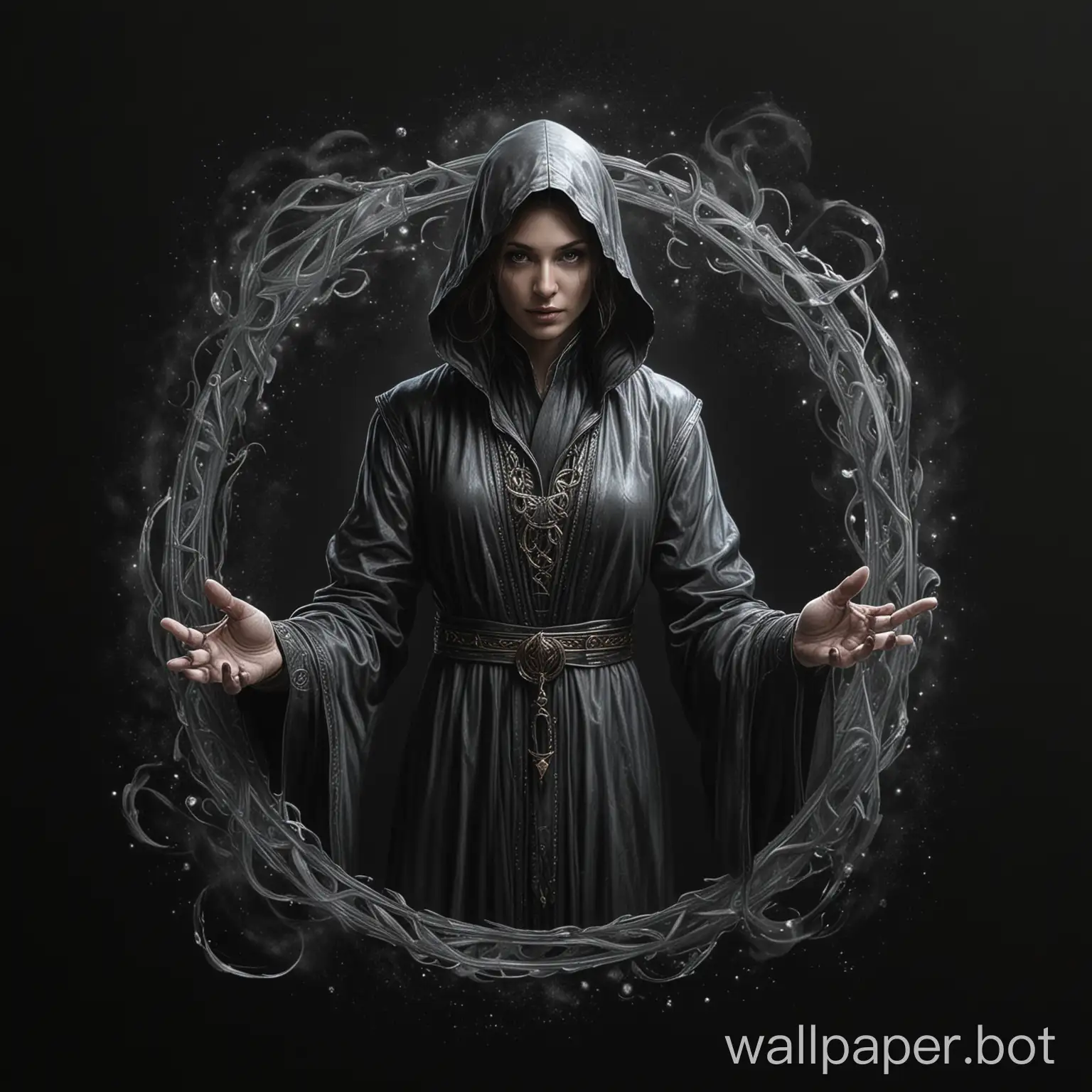 Draw a realistic fantasy master of illusions on a black background.