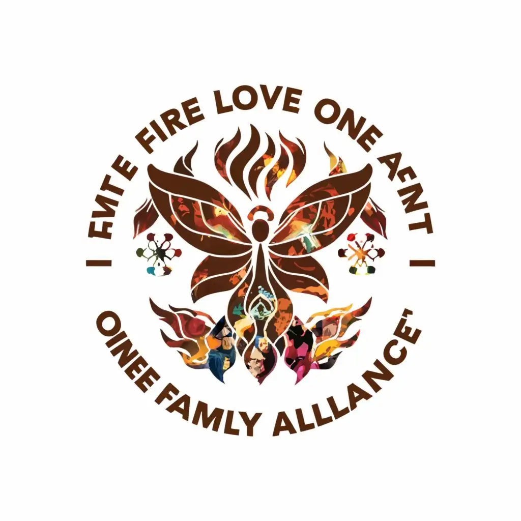 a logo design,with the text "Heaven and earth, great love, one family alliance.", main symbol:Fire butterfly people mountain people sea,Moderate,clear background
