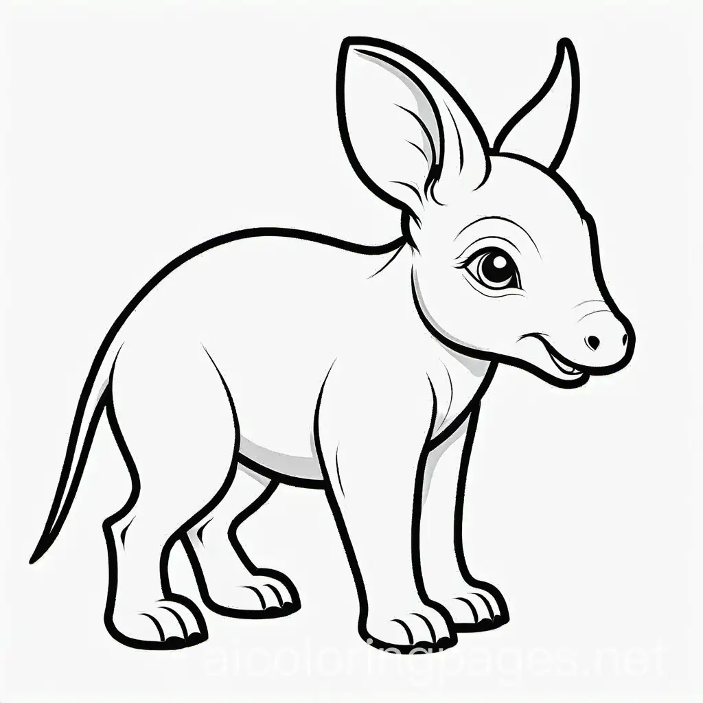 Baby Aardvark, Coloring Page, black and white, line art, white background, Simplicity, Ample White Space. The background of the coloring page is plain white to make it easy for young children to color within the lines. The outlines of all the subjects are easy to distinguish, making it simple for kids to color without too much difficulty