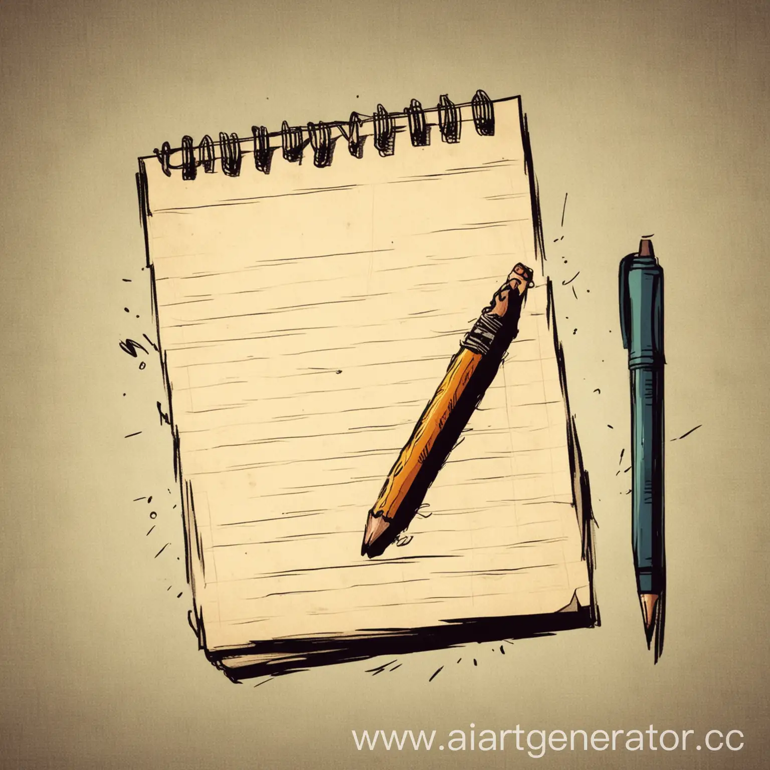 a comic book-style picture showing a notepad and a squeaking pencil (without a hand)