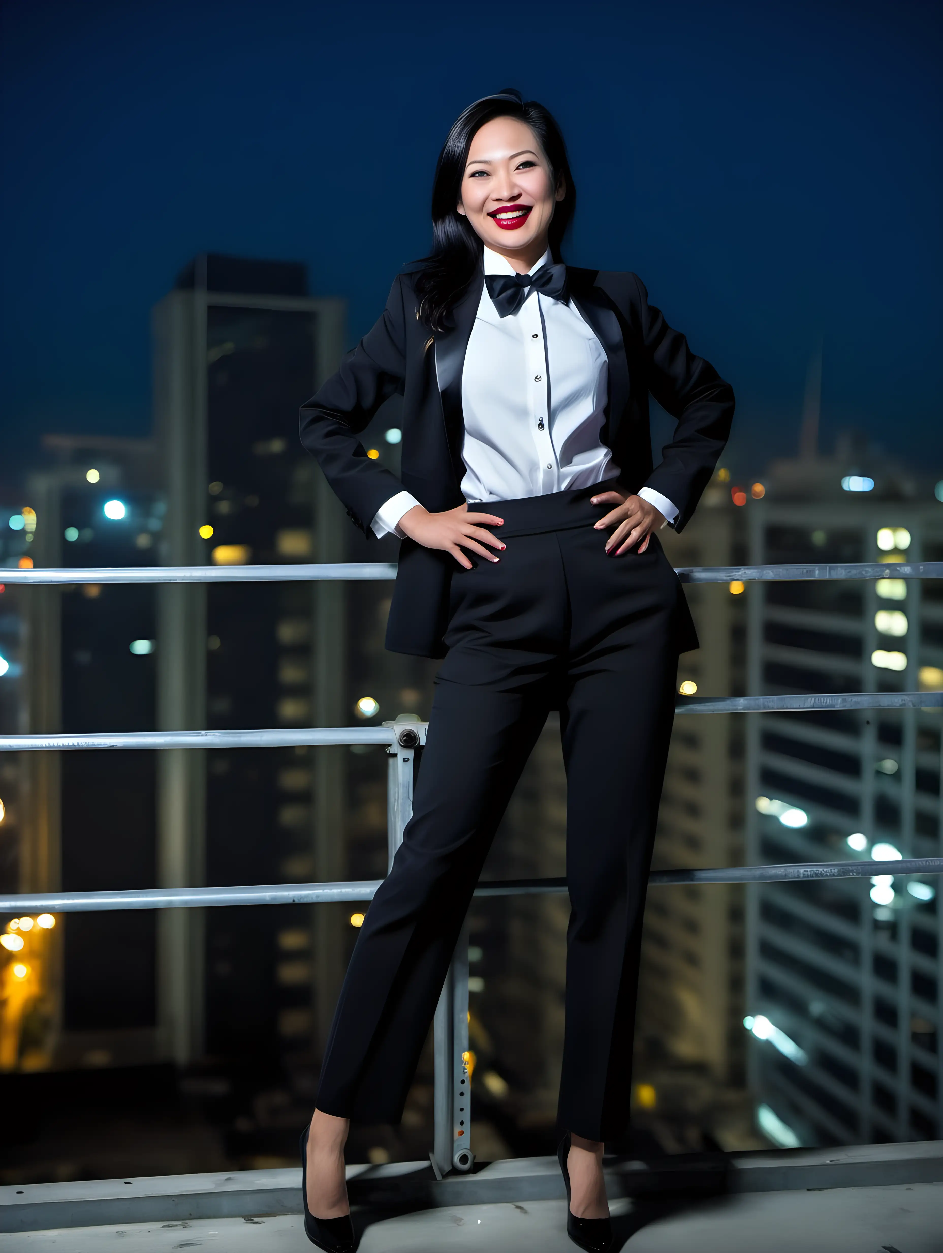 It is night.  A 40 year old smiling and laughing vietnamese businesswoman with black shoulder length hair and lipstick wearing a tuxedo with a black bow tie and big black cufflinks and black pants and shiny black high heels. Her jacket is open. Her jacket has a corsage. She is standing near the edge of a tall building, on a scaffold. She is looking straight ahead.  Her hands are in her pants pockets. It is night.