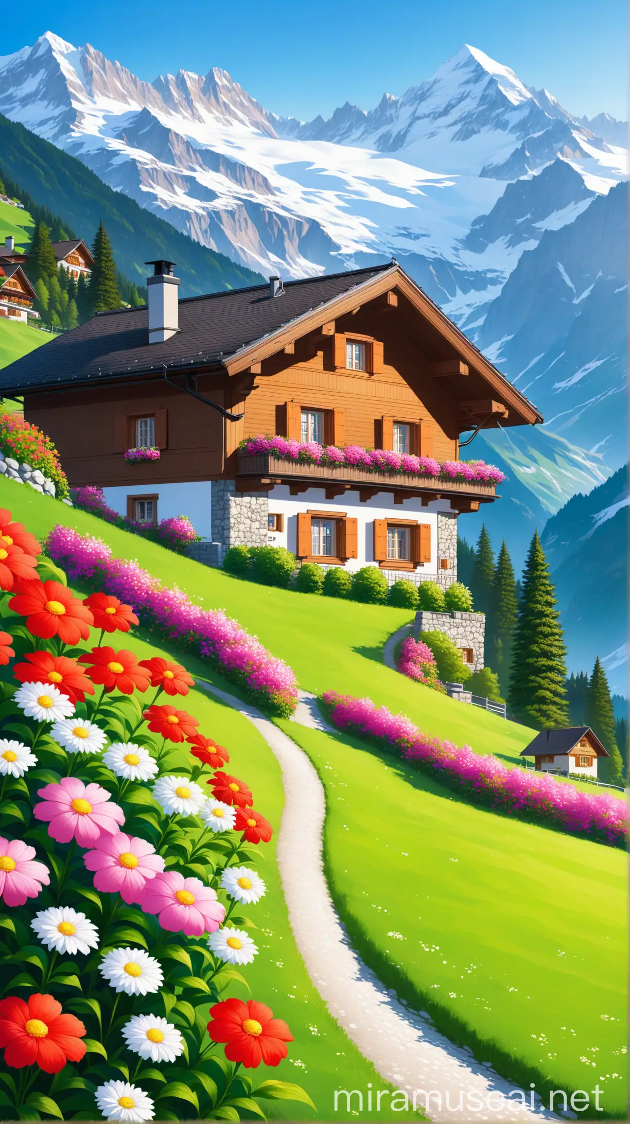   Switzerland beautiful single cottage surrounding snow mountain with green garden, flowers in front of cottage