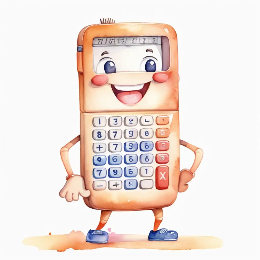Happy Calculator Character Cute Adult Person in Watercolor Style