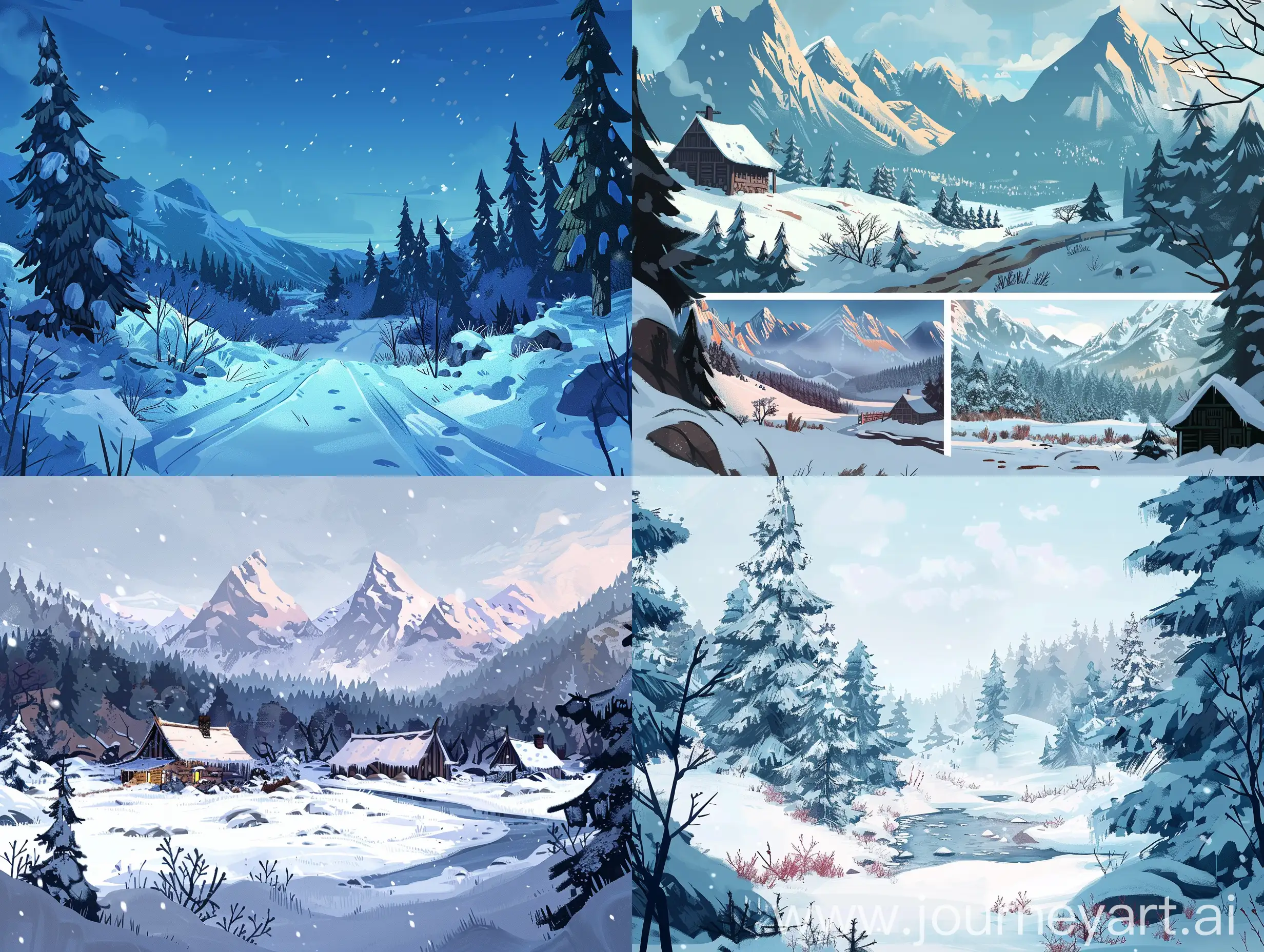 Нарисуй зимние пейзажи как в игре "The long dark". Хотелось бы, чтобы совпадали и места (как в игре), и цветовая гамма, и стиль