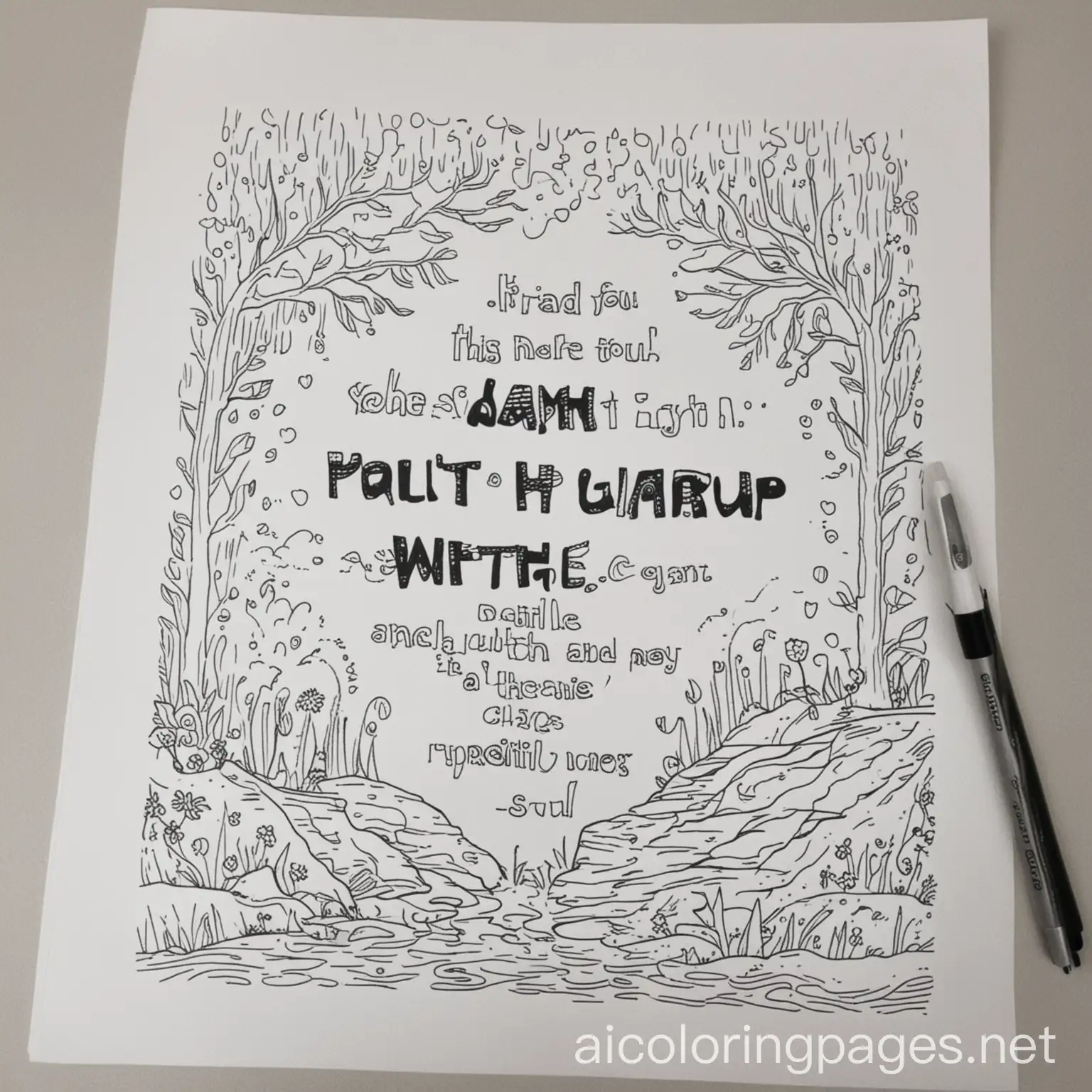 write out text with the verse psalm 42:1 "As the hart panteth after the water brooks, so panteth my soul after thee, O God", Coloring Page, black and white, line art, white background, Simplicity, Ample White Space. The background of the coloring page is plain white to make it easy for young children to color within the lines. The outlines of all the subjects are easy to distinguish, making it simple for kids to color without too much difficulty