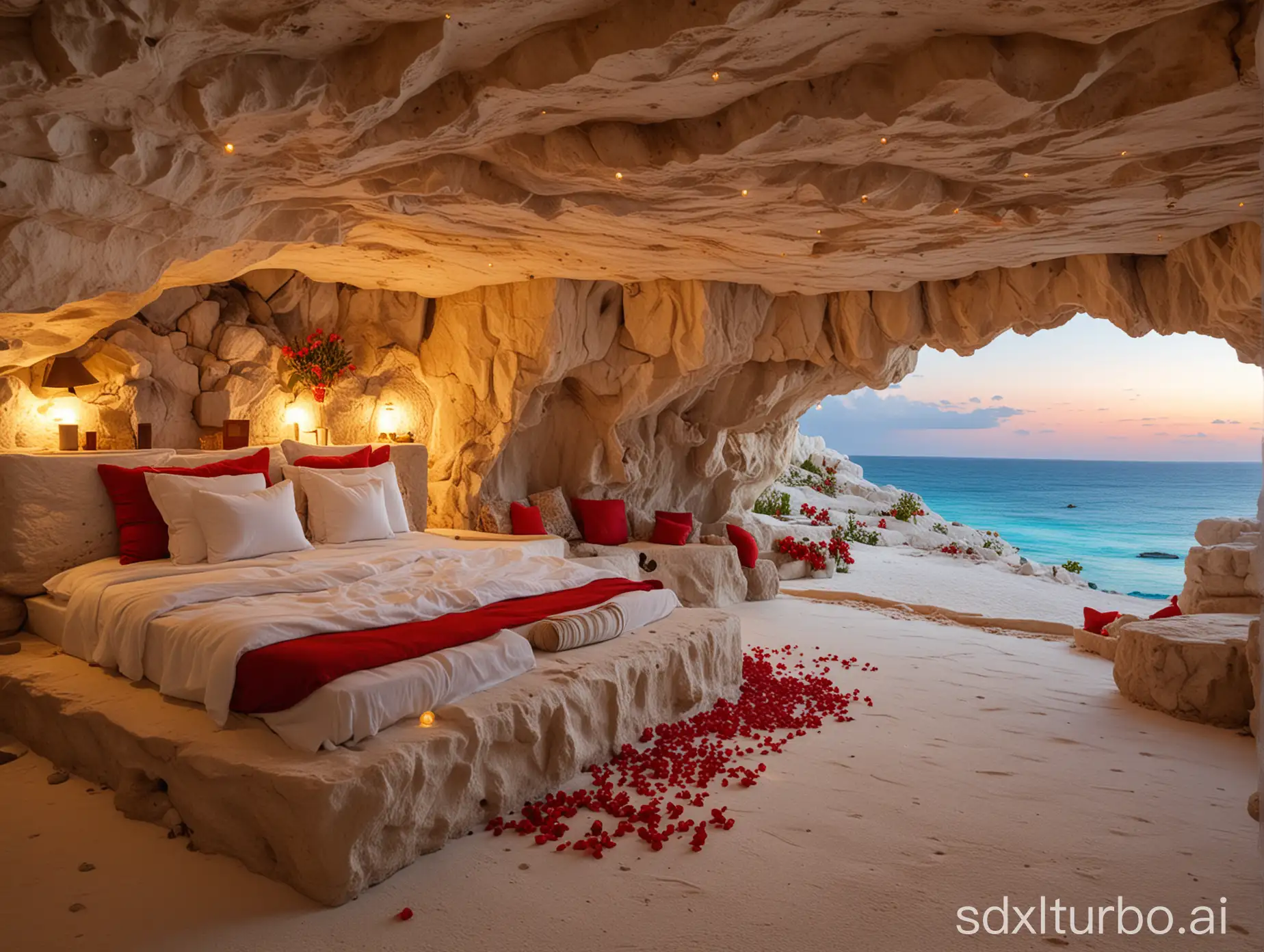 A comfortable bedroom with upholstery made of natural materials dug into the open cave of white rocks overlooking the sunny and warm water and white sands of a Caribbean Sea's shore on a nice afternoon sunset, with small blue flowers, and lots of red LED lights. The atmosphere is cosy, calm, and relaxing. There are lots of decoration around the seating area.