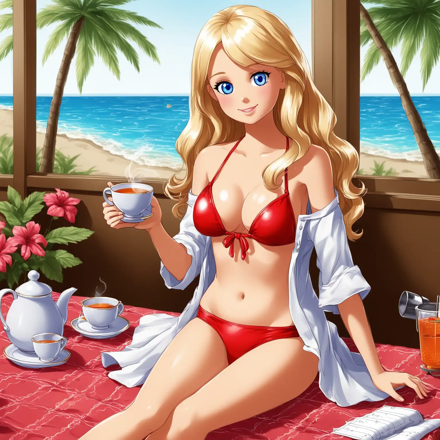 Happy Chelsea Dreamily Sipping Tea in Red Bikini and Sandals