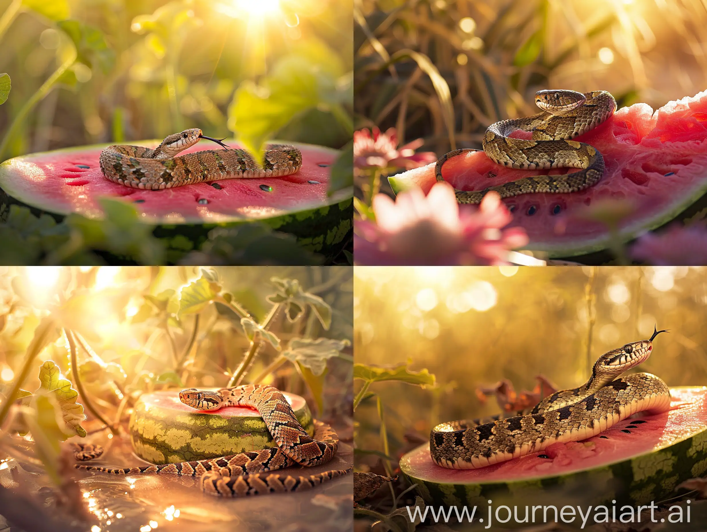 High detailed photo capturing a Watermelon, Georgia Rattlesnake. The sun, casting a warm, golden glow, bathes the scene in a serene ambiance, illuminating the intricate details of each element. The composition centers on a Watermelon, Georgia Rattlesnake. Melons get 2 long and weigh 30 lb. The flesh is bright pink and sweet. The rind is thin but very tough, which made it a favorite of market gardeners.. The image evokes a sense of tranquility and natural beauty, inviting viewers to immerse themselves in the splendor of the landscape. --ar 16:9 