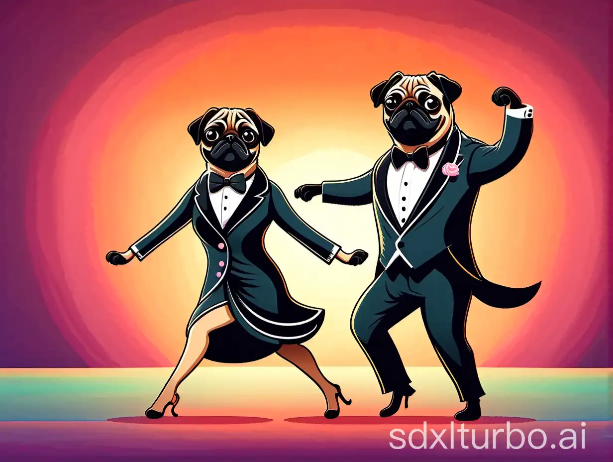 Two Dancing tango pugs of different genders in clothing, one in a dress, the other in a tuxedo