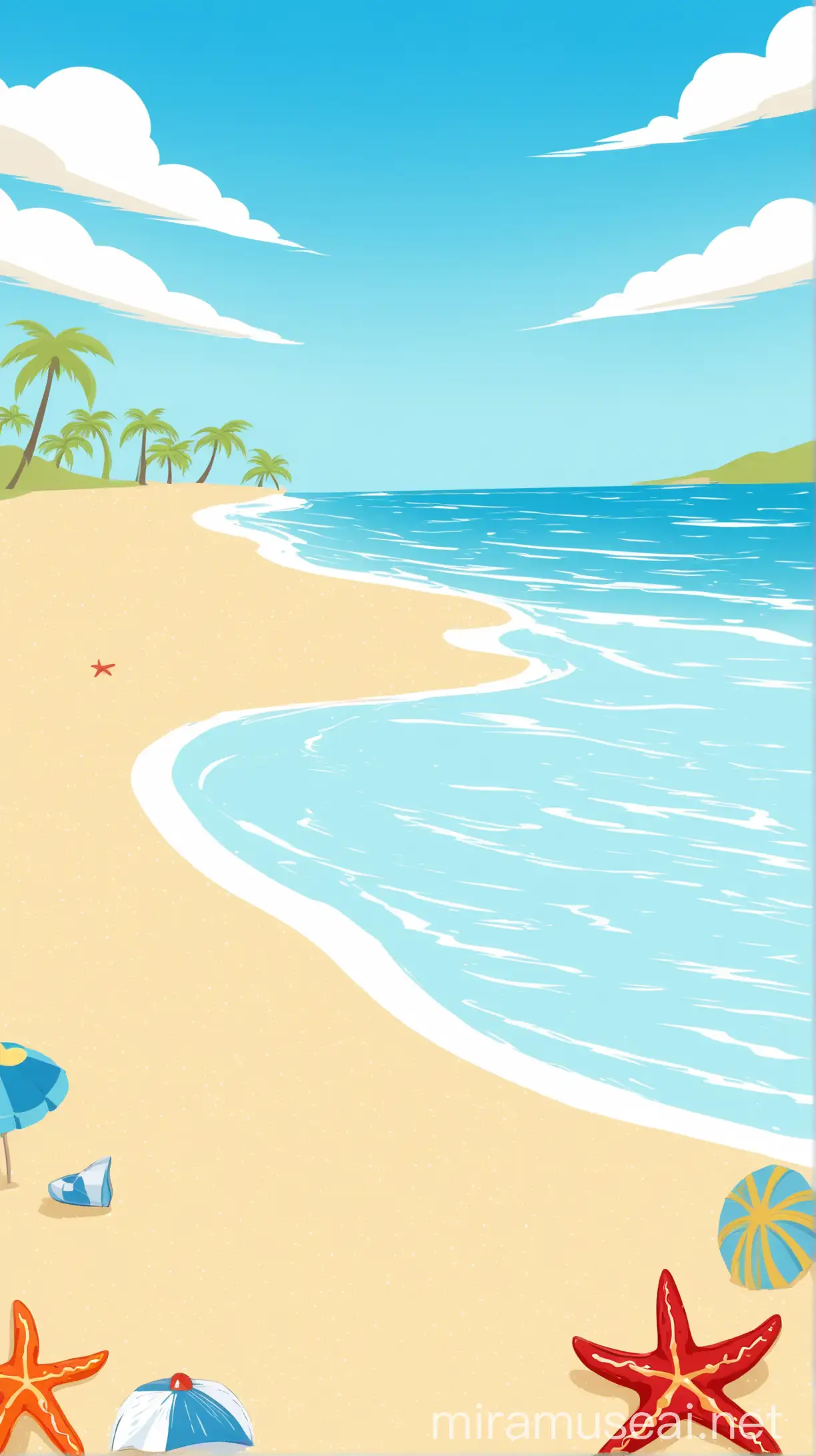 Cartoon Beach Scene with Blue Sky