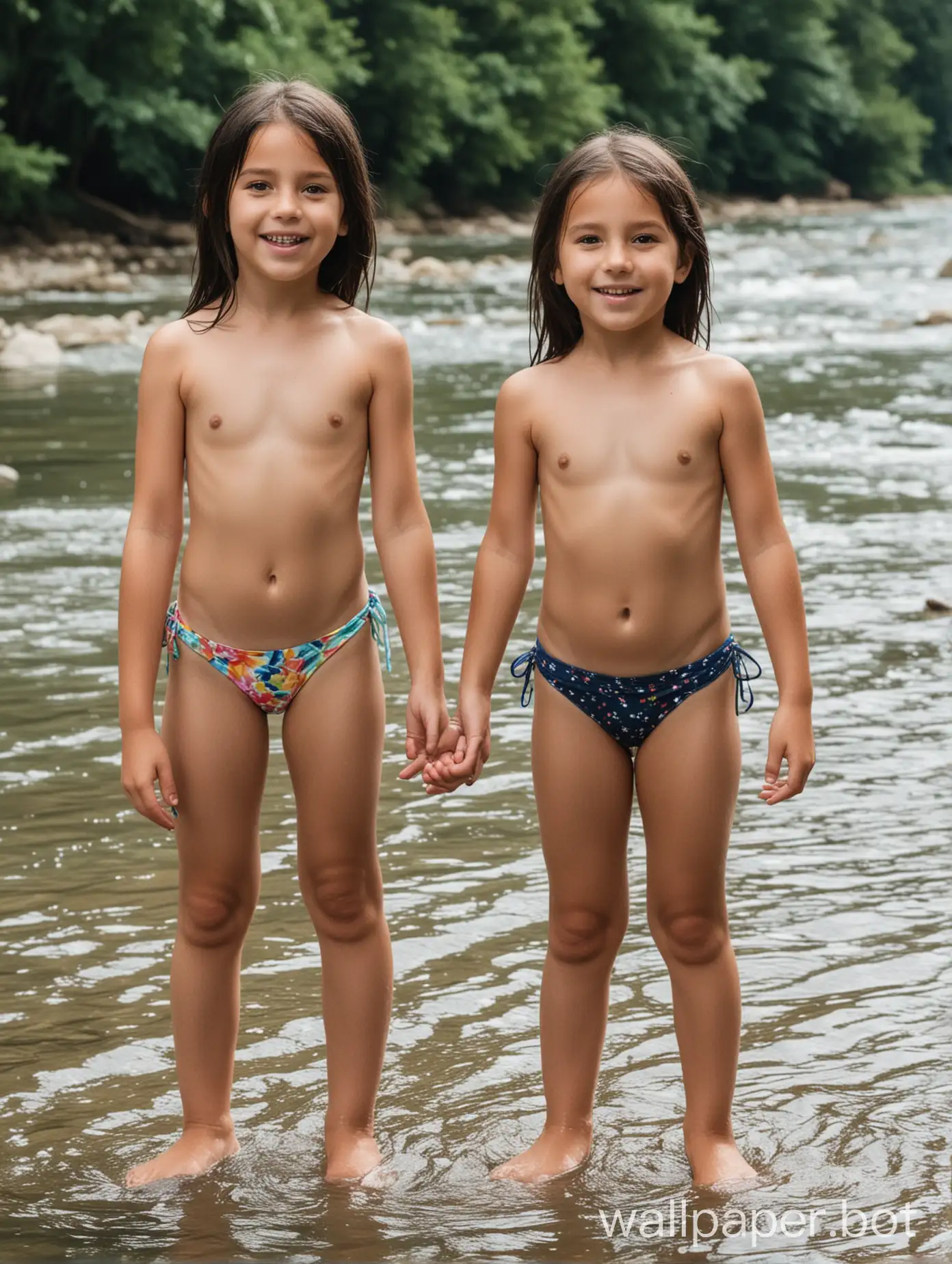 girls with dark hair, one girl is 6 years old and the other girl is 8 years old topless in bikini bottoms, standing in a river