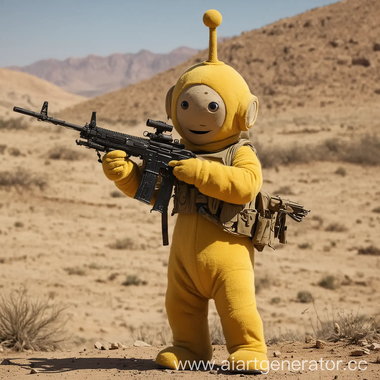 teletubby with assault rifle have antennas on he's heads and on war in desert hills