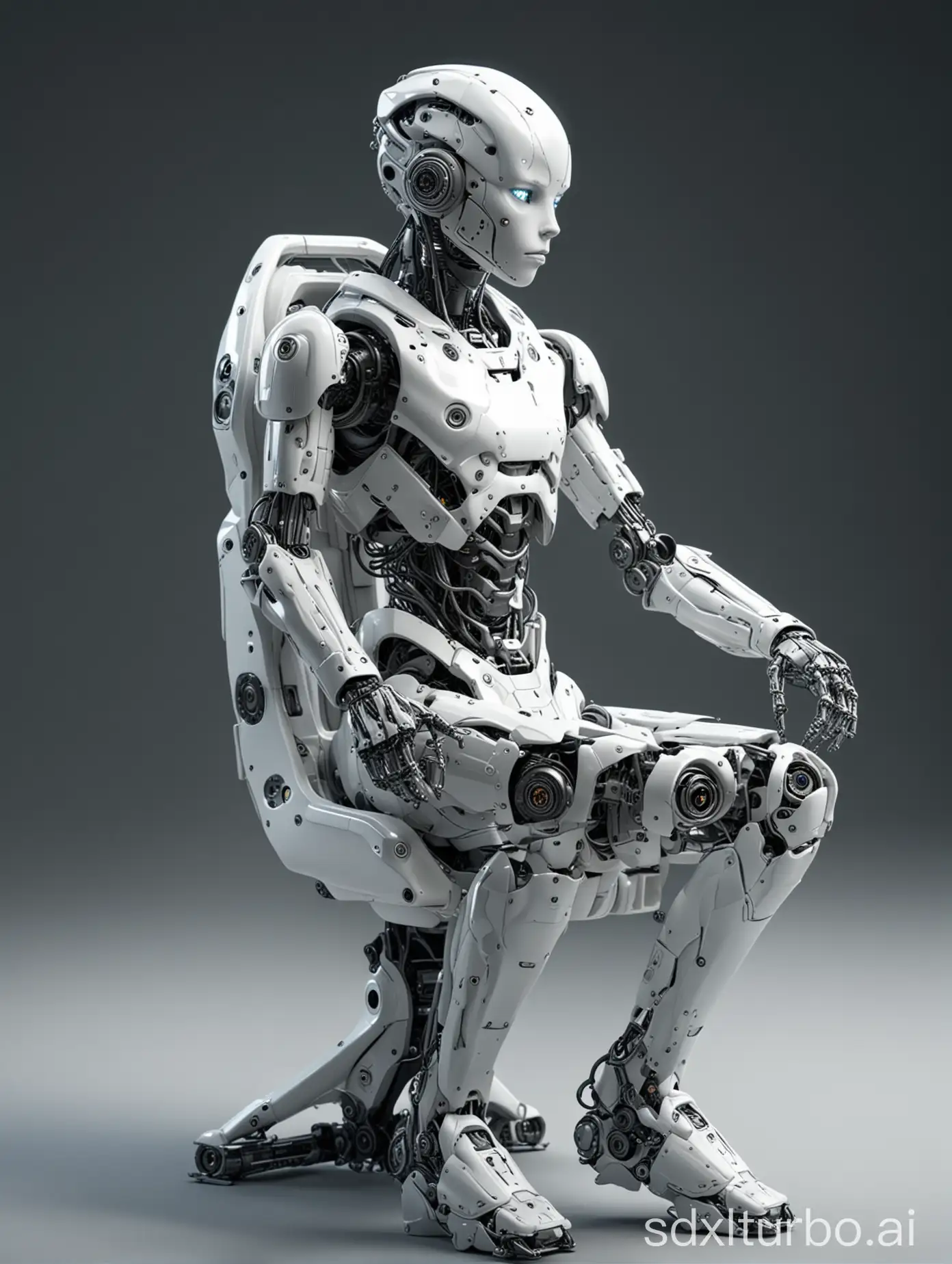 12 year old organic cyborg sci-fi robot boy, white plastic, sitting sideways in a futuristic chair, full body, high detailed 4k