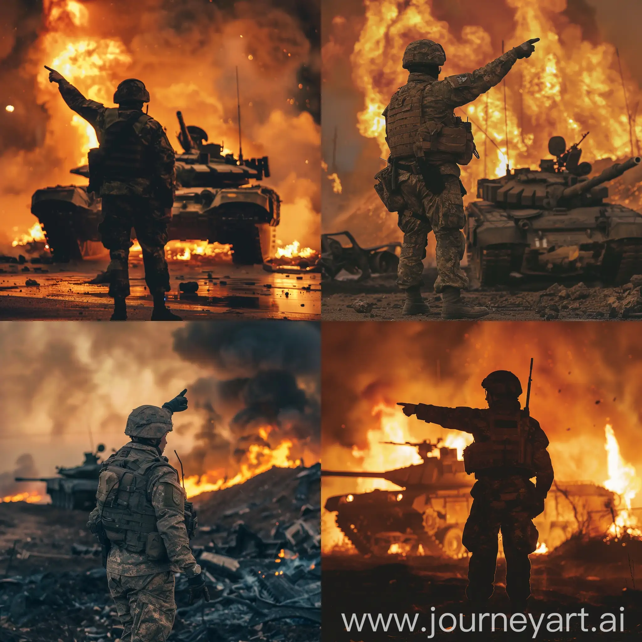 ealisic photo, a 1 russian military man stands against the background of a burning Abrams and points back