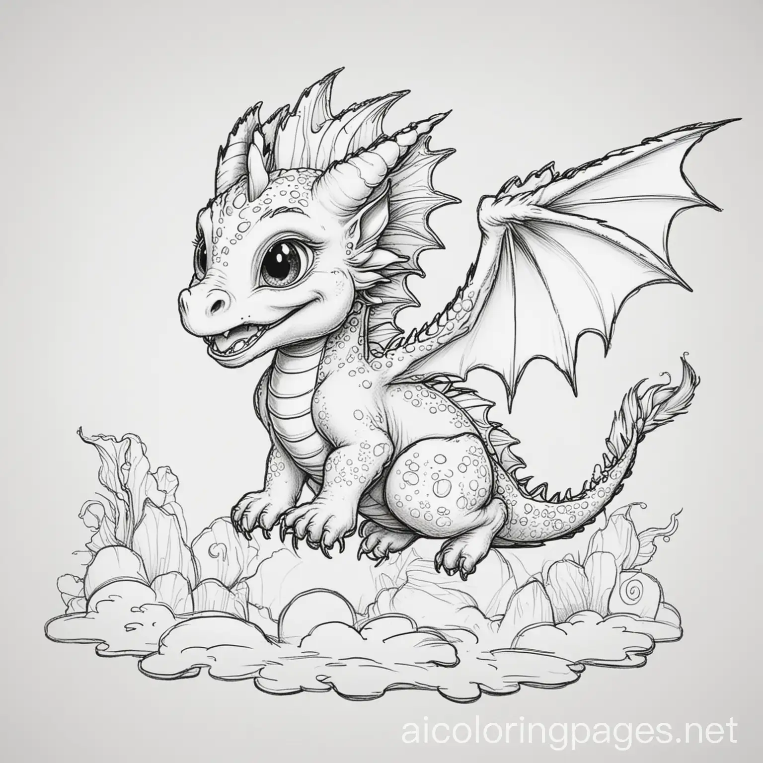 Baby dragon flyingnHigh detailnAdult coloring book, Coloring Page, black and white, line art, white background, Simplicity, Ample White Space. The background of the coloring page is plain white to make it easy for young children to color within the lines. The outlines of all the subjects are easy to distinguish, making it simple for kids to color without too much difficulty