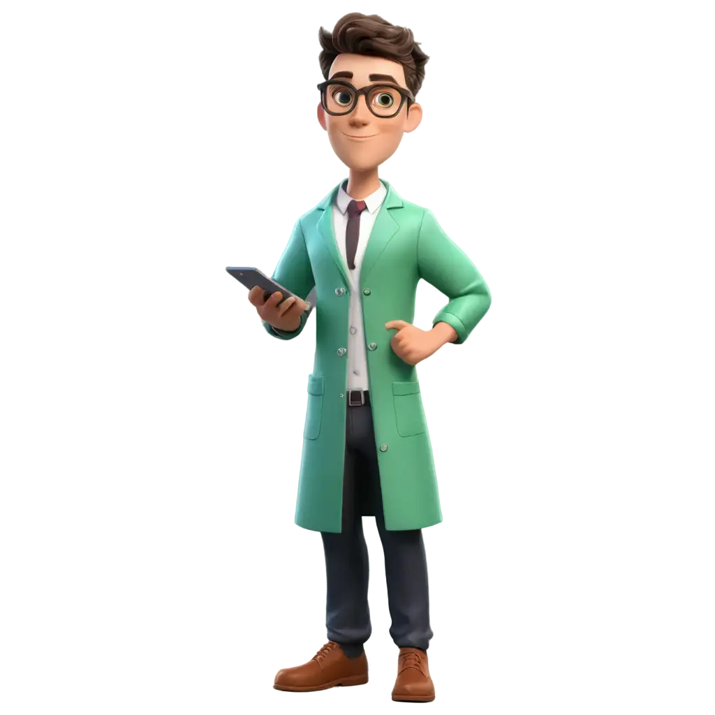 Young man with glasses, wearing green lab coat, lab technologist, 3d cartoon, 