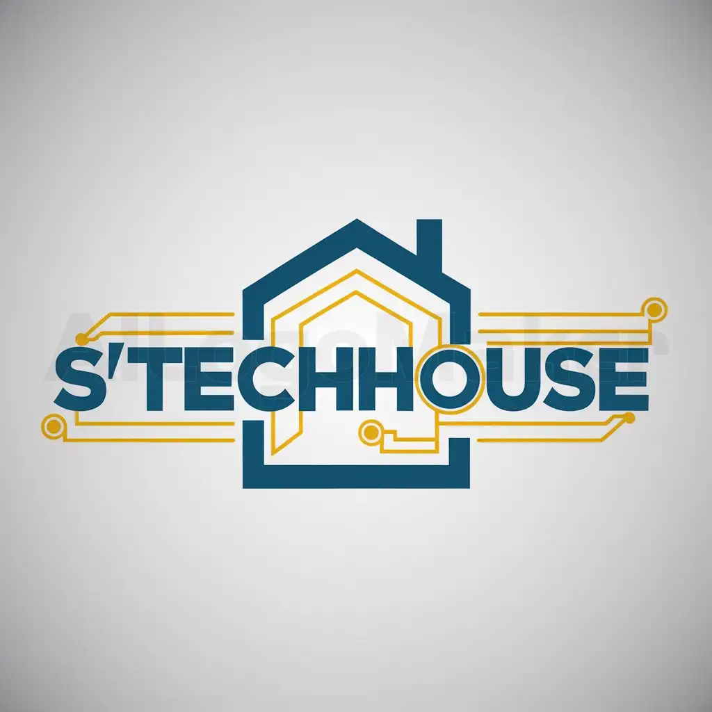 a logo design,with the text "S'TechHouse", main symbol: Logo design, text "S'Tech House", main symbol: stylized house with lines of circuit around. The Text 'S'Tech House' is in blue with a modern font, and yellow accents, moderate, clear background. (English is not a language, it's a language family. In this case, the input is in English, so I will repeat the input verbatim as the output.),complex,be used in Technology industry,clear background