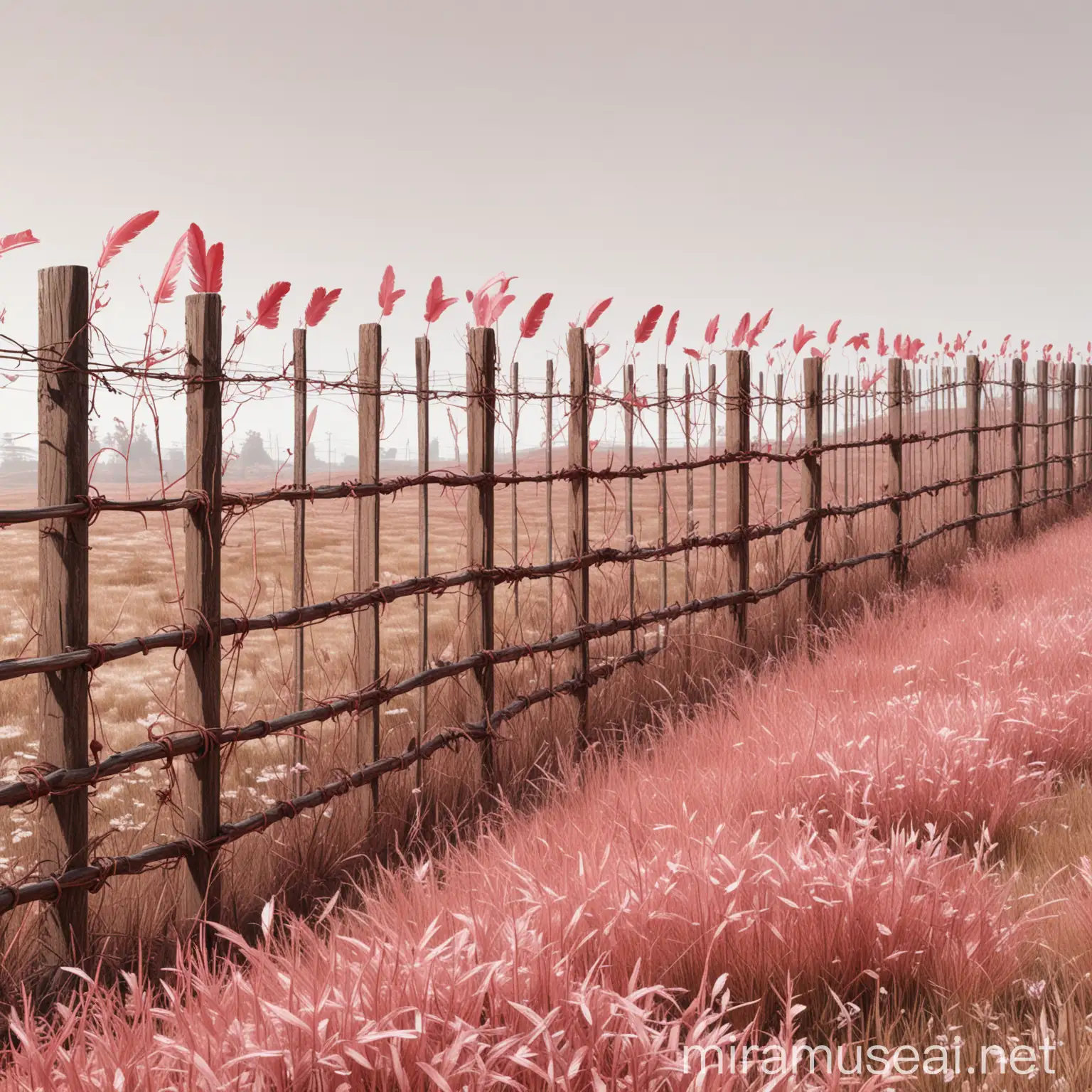 Field fence with gaps and wires, realistic drawing, light red, pink, and brown colors, feather-like rendering, sketchfab, with 100% white background, sprite sheet, spread sheet of well-cut fence realistic drawing, in a front view perspective --no environment --no background --stylize 500 --quality 2 --chaos 20