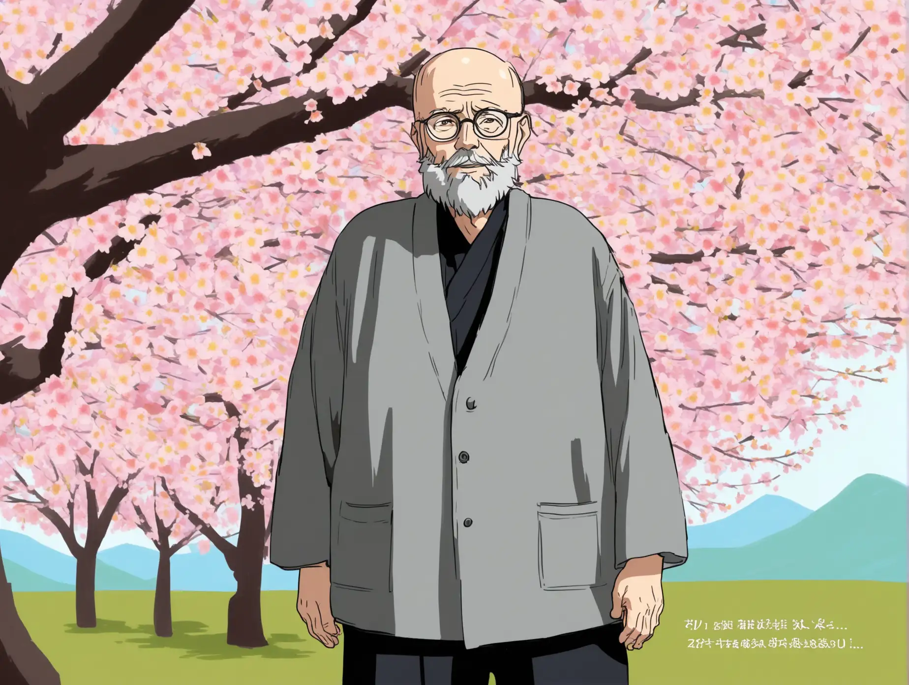  Full-bodied Henri Matisse style image of an energetic, balding 63-year-old male weighing 175 pounds and standing 5'8" tall against a cherry blossom tree, dressed in comfortable clothing with glasses and a full gray beard. (The input does not require translation as it is already in English.)