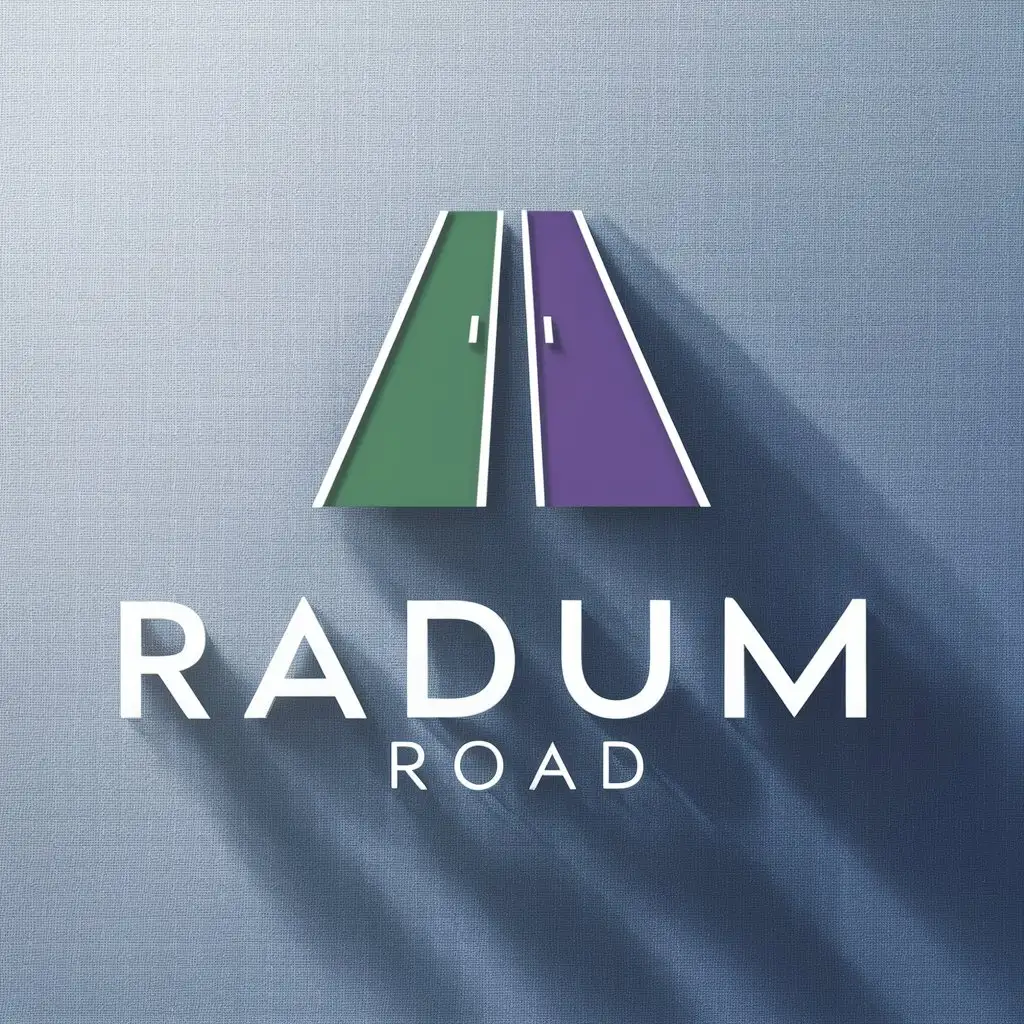 a logo design,with the text "RADUM ROAD", main symbol:Green and purple highway that are connecting to each other.,Minimalistic,clear background
