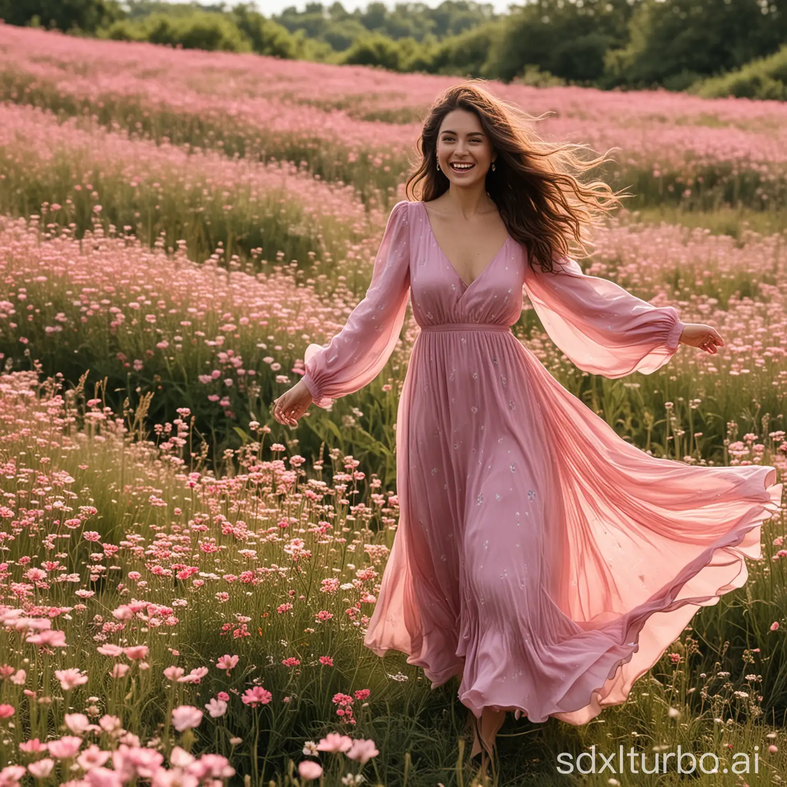 A woman wearing a flowy, pink dress is walking through a field of flowers. The dress is made of a lightweight material and has a V-neckline and a flared skirt. The woman's hair is flowing in the wind and she is smiling happily.