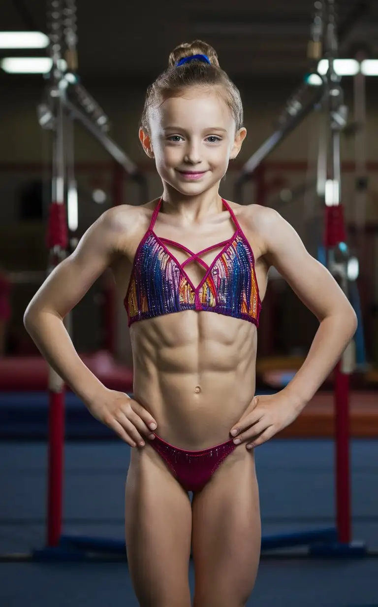 6 years old rhytmic gymnast girl, extremely muscular abs, showing belly, string swimsuit, at the gym