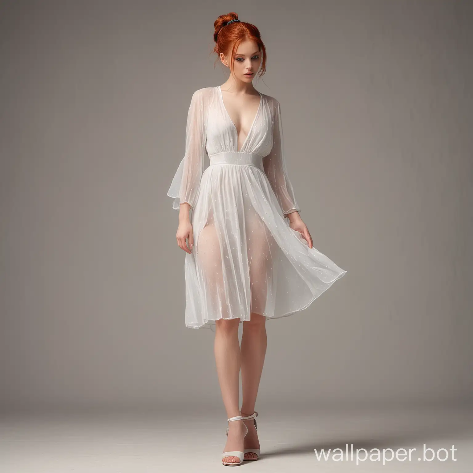 redhead female model, looks cute, very thin white sheer dress, 15cm heels, standing, big breast, ponytail hair