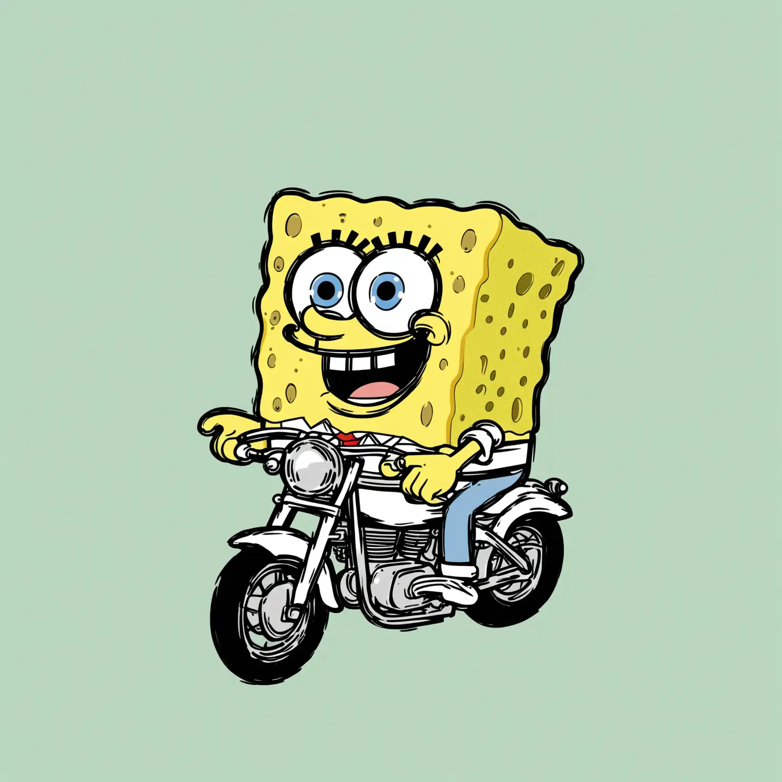 Minimalist style, sponge bob riding a motorcycle, hand-drawn cartoon style