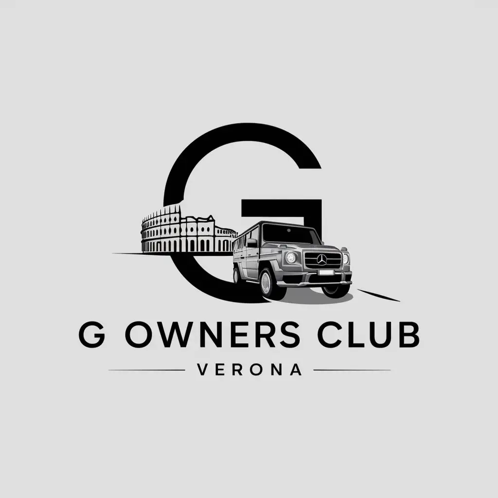 a logo design,with the text "G Owners Club Verona", main symbol:Mercedes G-Class near the Arena of Verona. G Letter inserted into the image like a frame,Minimalistic,be used in Automotive industry,clear background