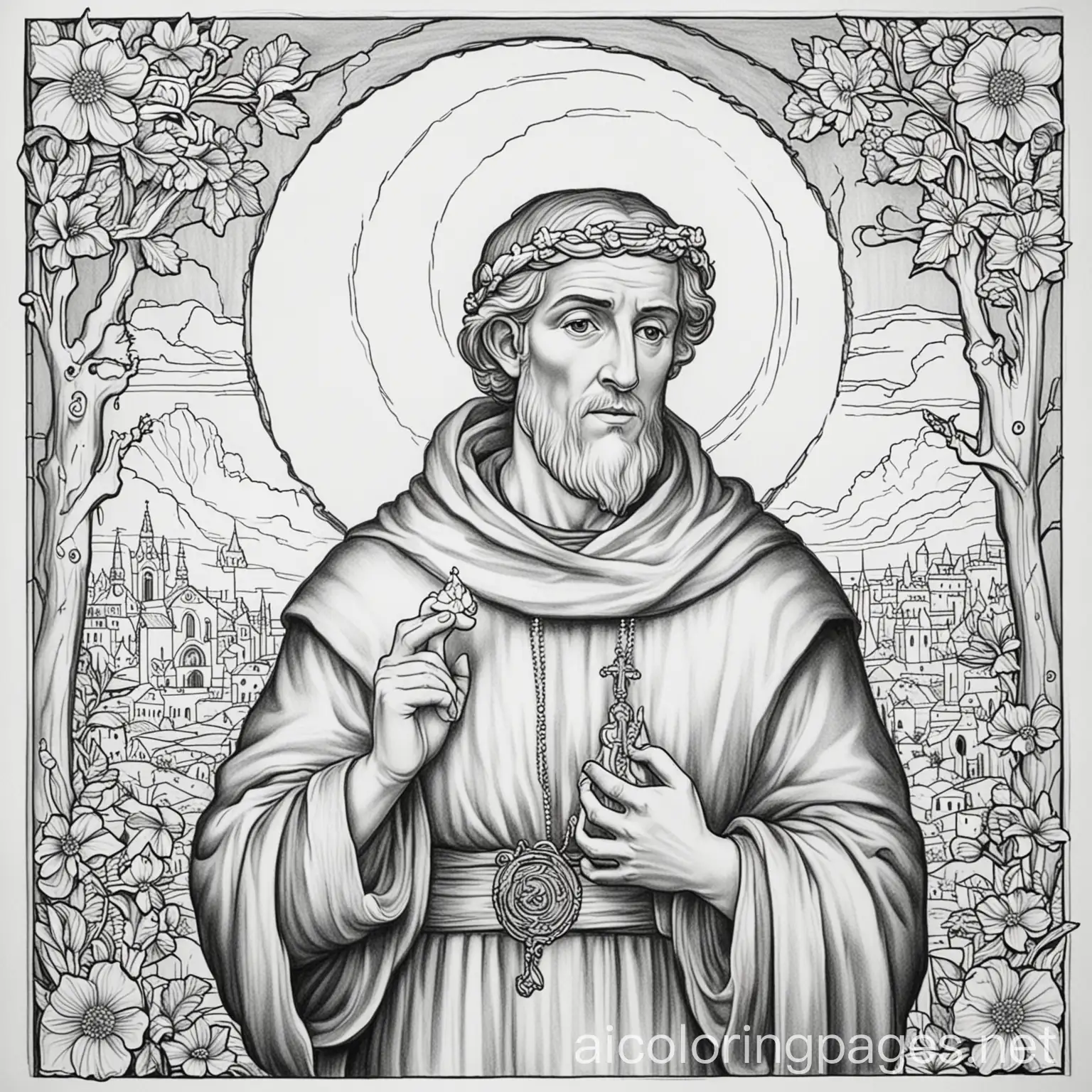 Saint Anthony coloring page for adults with no grayscale and bold black outlines for easy areas for coloring in , Coloring Page, black and white, line art, white background, Simplicity, Ample White Space. The background of the coloring page is plain white to make it easy for young children to color within the lines. The outlines of all the subjects are easy to distinguish, making it simple for kids to color without too much difficulty