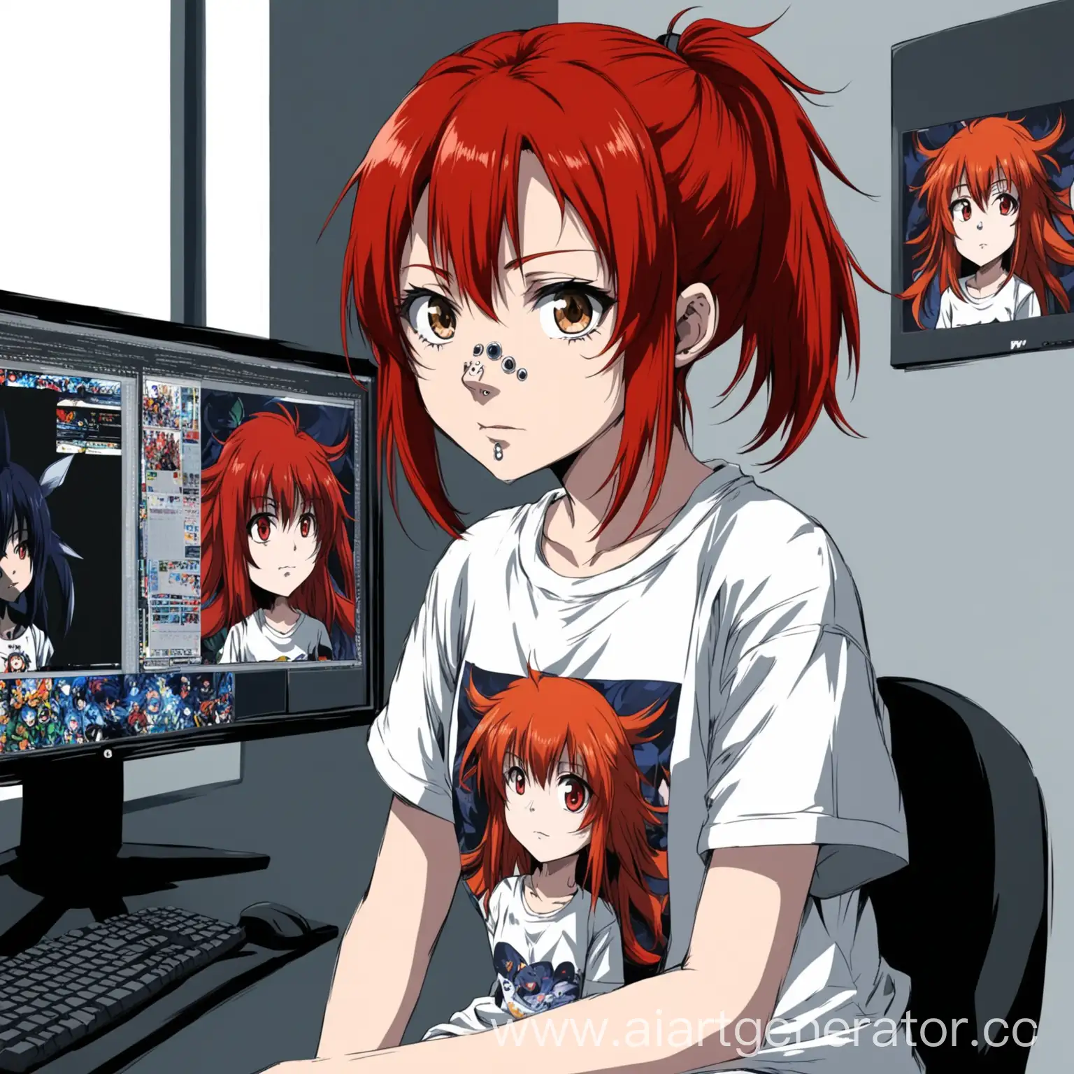 Anime-Style-Girl-with-Red-Hair-Sitting-at-Monitor-in-White-TShirt