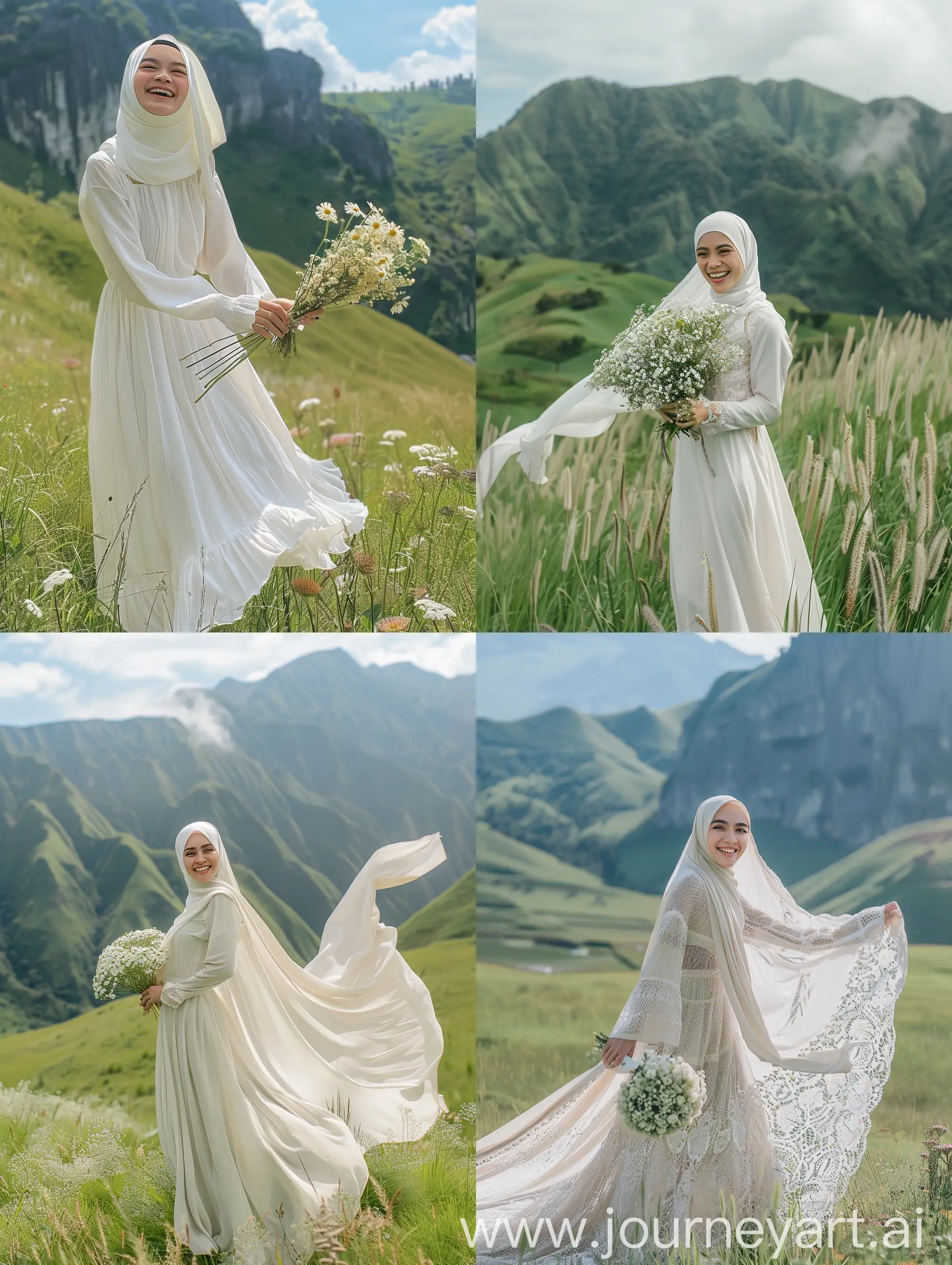 foto yang mempesona dari wanita hijab Indonesia yang sedang melakukan pose tertawa. Sang wanita mengenakan jilbab dan gaun putih panjang.berdiri di depan lapangan rumput hijau di dekat pegunungan dengan latar belakang pegunungan. Sang wanita berdiri tegak memegang bunga buket cantik.badan dan wajah menghadap kamera.
