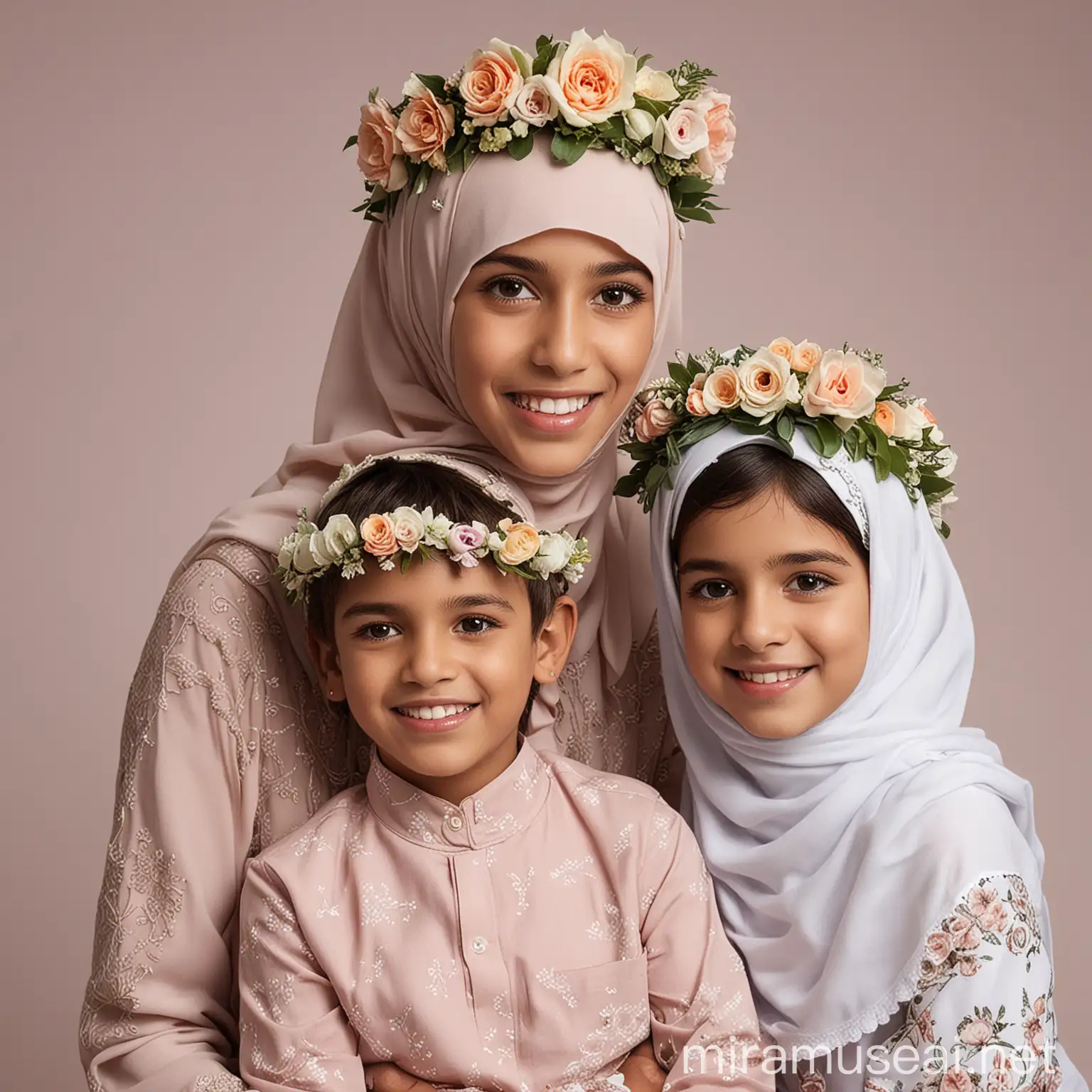Muslim Woman and Children Wearing Flower Crowns in Serene Setting