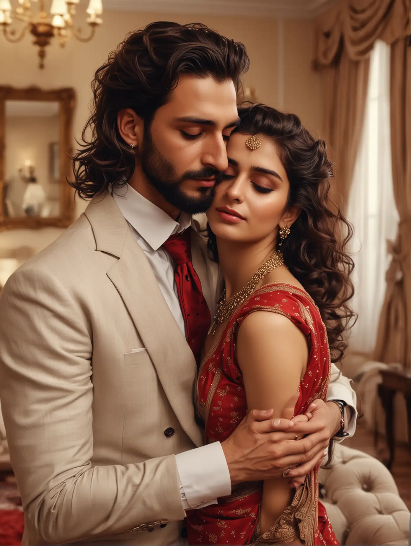 full body view  of most beautiful european couple as most beautiful indian couple, most beautiful girl in elegant bold color saree, long curly hairs, hairs tied  up with hair style stylishly, necklace,   big wide black  eyes, full face, perfect red dot, makeup, low cut neck, sleeveless, beautiful symmetric low cut back, girl embracing with emotion and possessive feeling, pressing face to chest of man, emotional crying with longing feeling, innocence and ecstasy, hands around man neck, man comforting her,  man with stylish beard, perfect trim  hair cut, formals and tie, perfect limbs and fingers, photo realistic, 4k. background, spacious modern elite photo room, with luxury sofa set, cream colour carpet, elegant interior designs, vintage lamps, romantic reunion ambience, photorealistic, vibrant colours, intricate details, 8k.