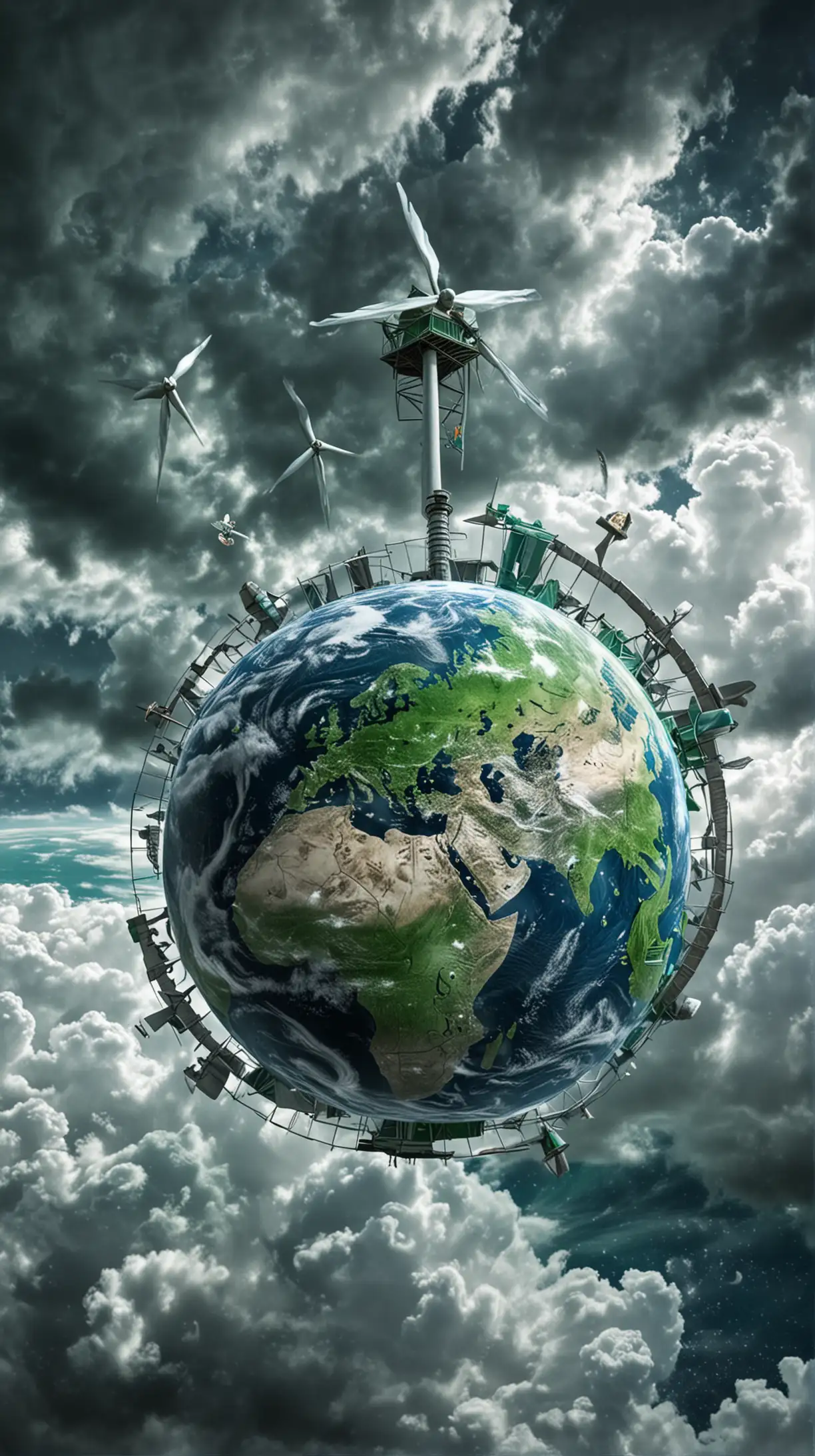 A blue and green earth globe floating in space with and grey clouds green clouds and windmills in the background