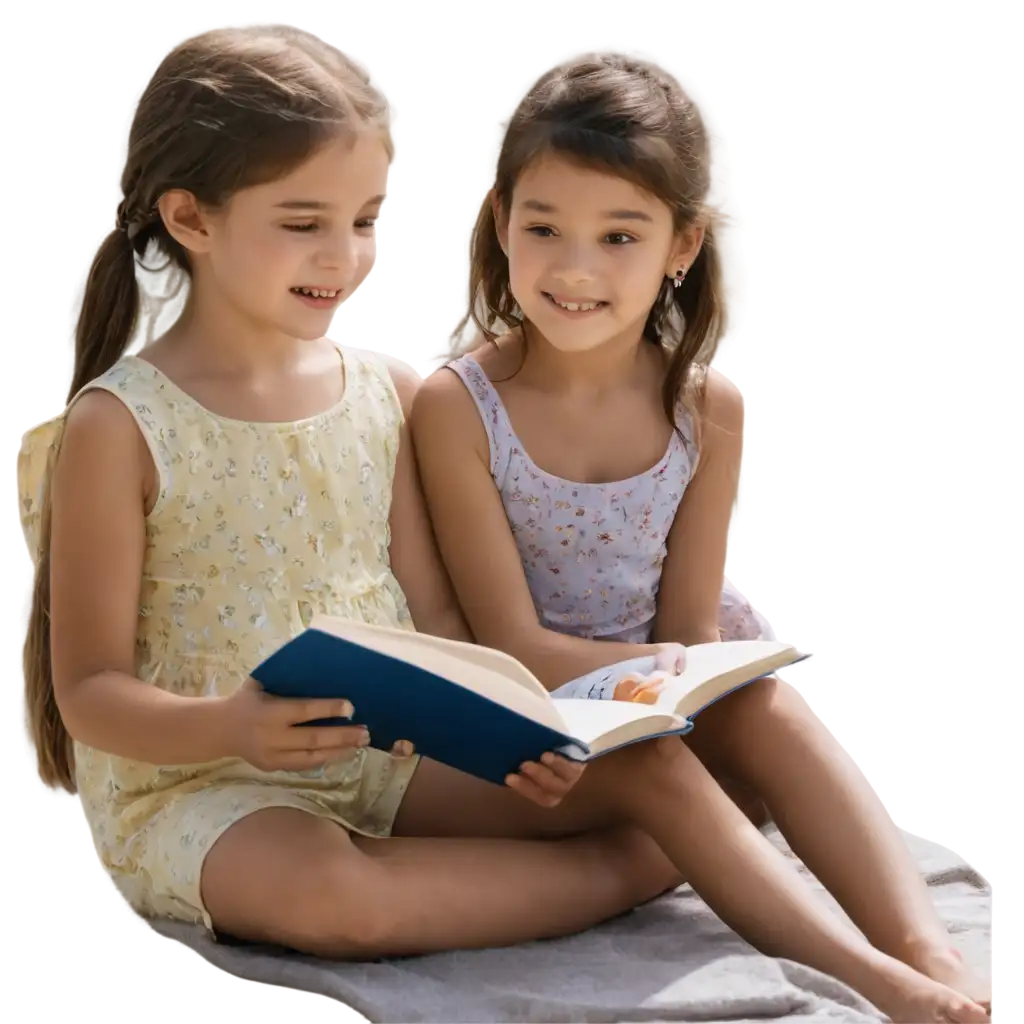 Little child girls reading a book on transparent 8k, --ar 16:9 --v 6.0
