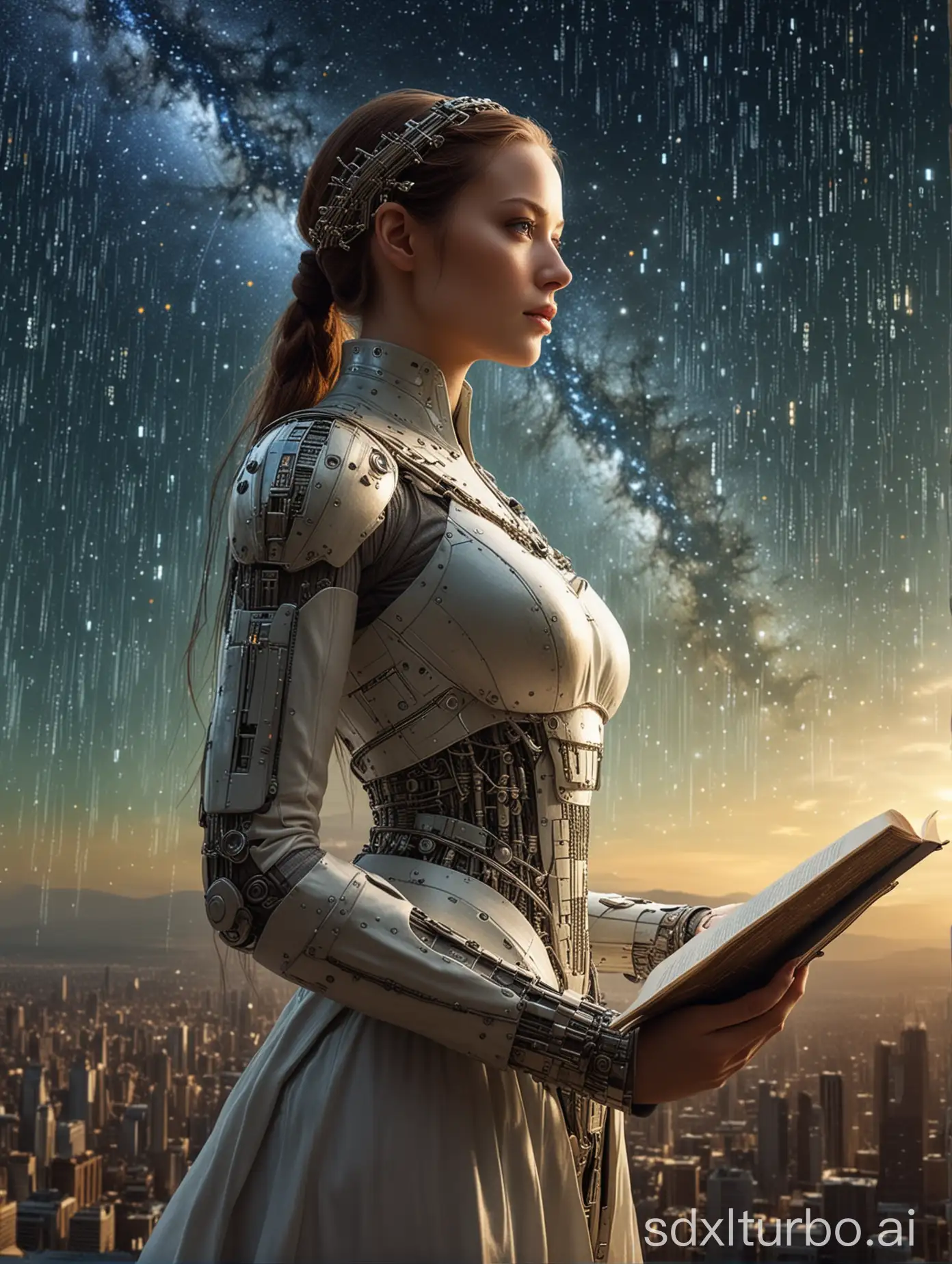 A beautiful android woman from the future looks towards the stars; the sky is composed of binary numbers like in The Matrix, watching her dream come true, reading an ancient book from the 1400s.