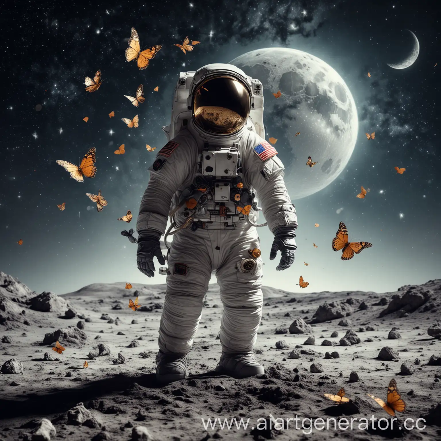 Astronaut-Standing-on-Moon-Surrounded-by-Butterflies