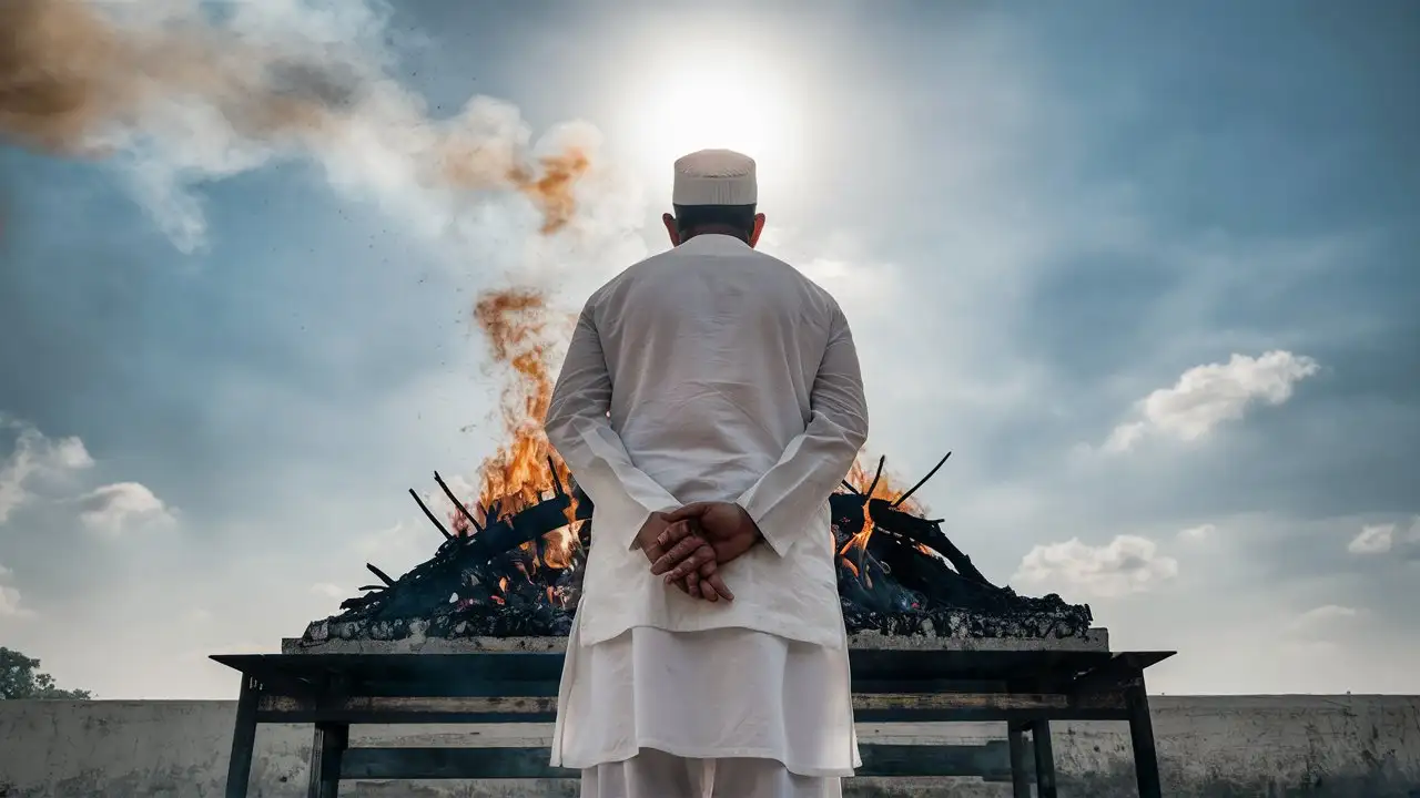 image of An Indian Muslim standing in front of a burning pyre, wear Muslim cap, white kurta pajama, Shot from behind, shot on DSLR, wide angle shot, sunny day, sun behind, blue sky, clear shot