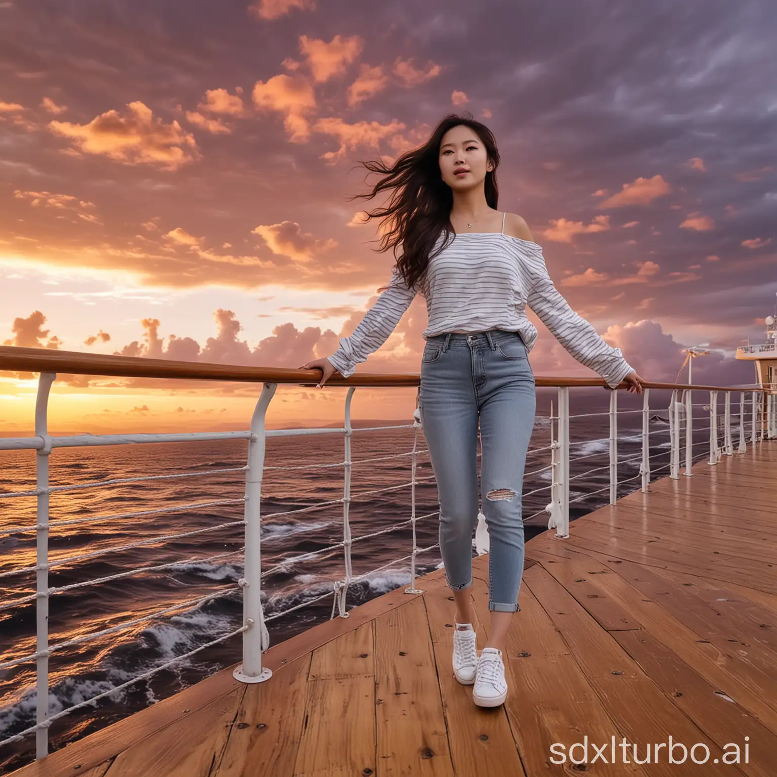 photo of a beautiful Korean woman with hair flowing in the wind standing on the deck of a ship with a beautiful sunset over the sea as a background. wearing a white striped top and gray jeans, as well as white shoes, standing with his hands against the wooden rail of the ship. The background is an orange and purple sky with thick clouds, and ocean waves that look calm and peaceful