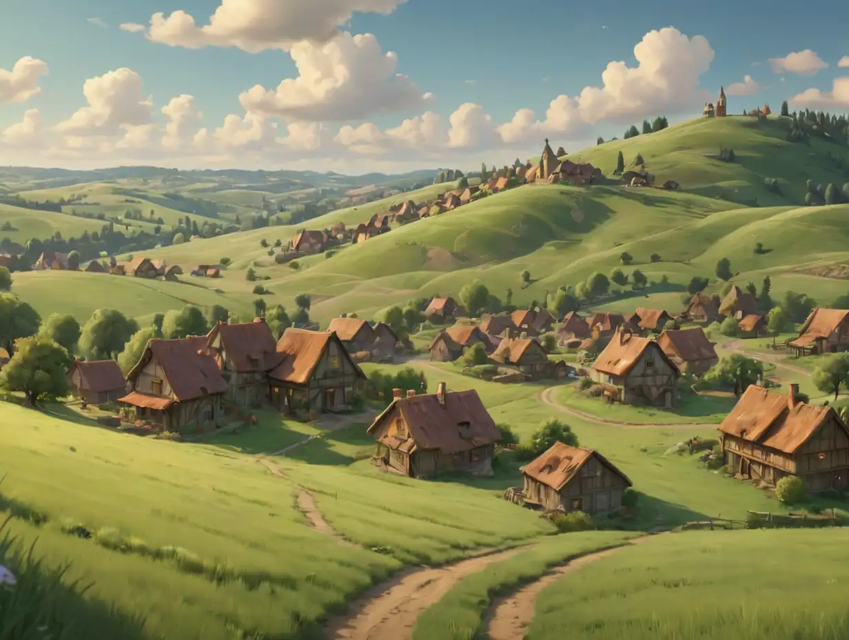 background village rolling hills and meadows, long shot, 3d disney inspire
