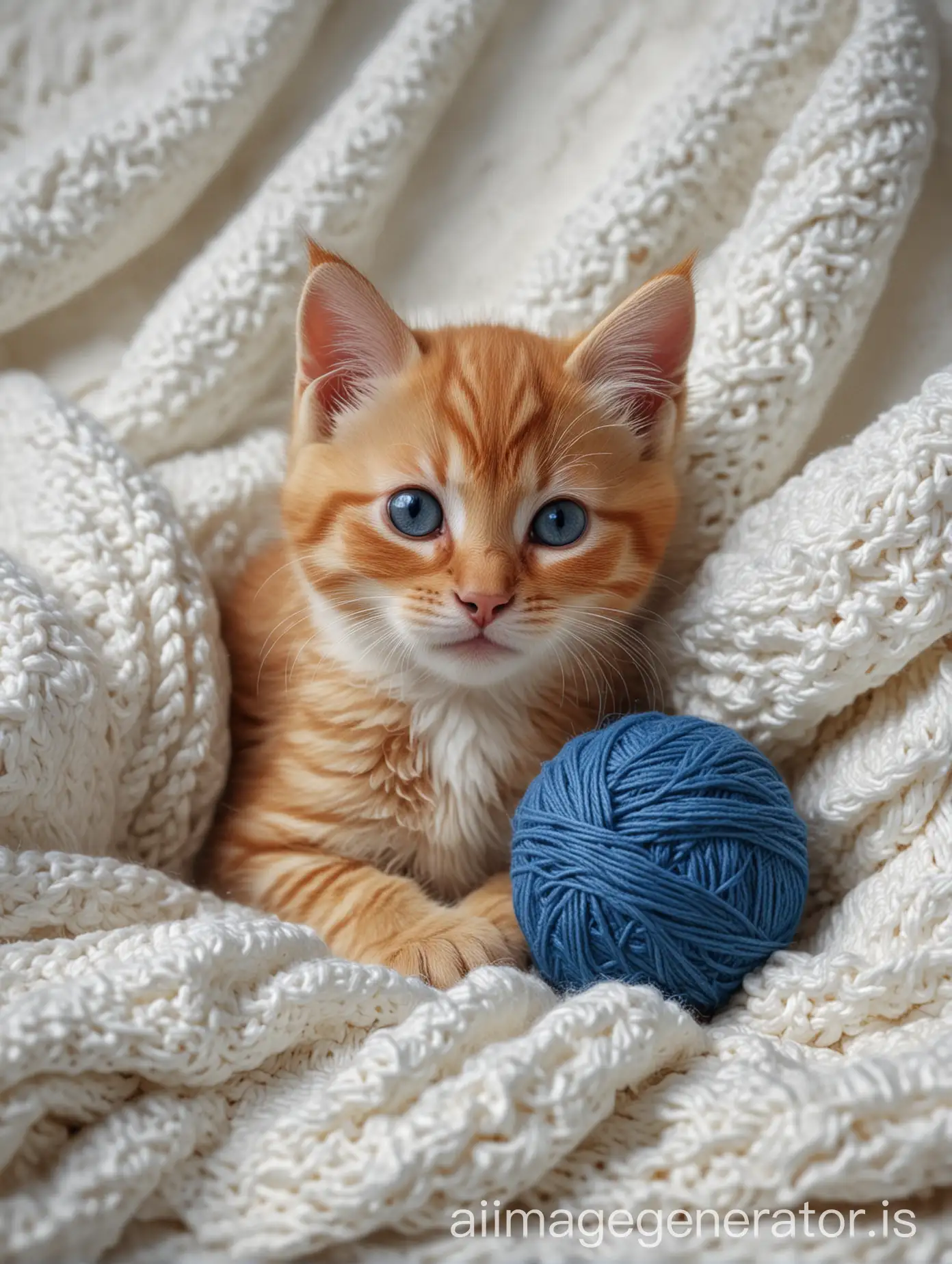 A close-up portrait of a cute ginger kitten curled up on a soft, cozy white knit blanket, with a blue yarn ball next to it, creating a warm and comforting scene.photo ultra realistic, 8K.
