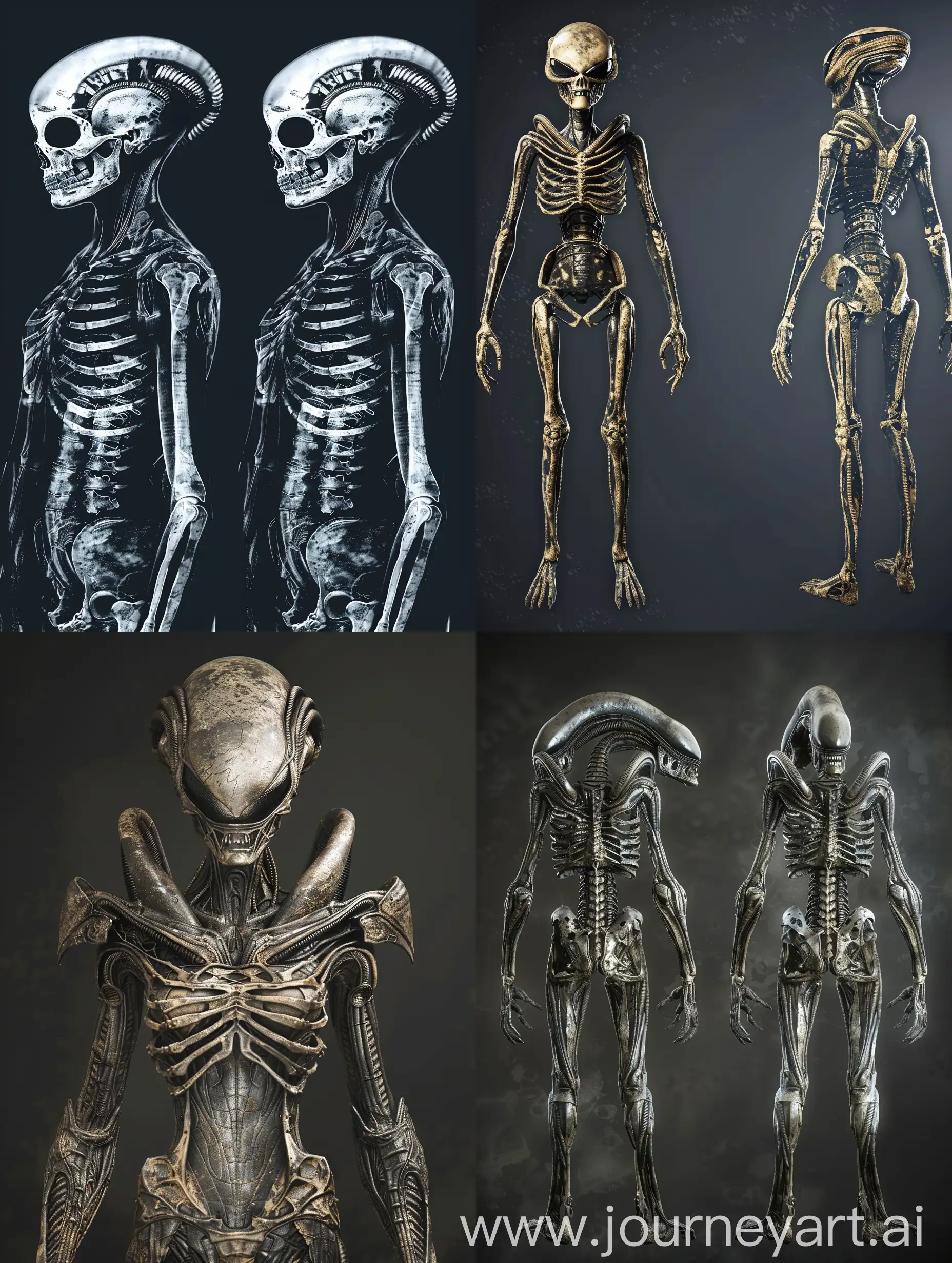 Full length shot of an alien from the front and back, x-ray scan, front view, side view, symmetrical. The images of the alien woman were taken in the style of a medical X-ray scan, showing symmetrical front, back and side views. body texture is dusty, antique metal.  on a dark background, anatomy,