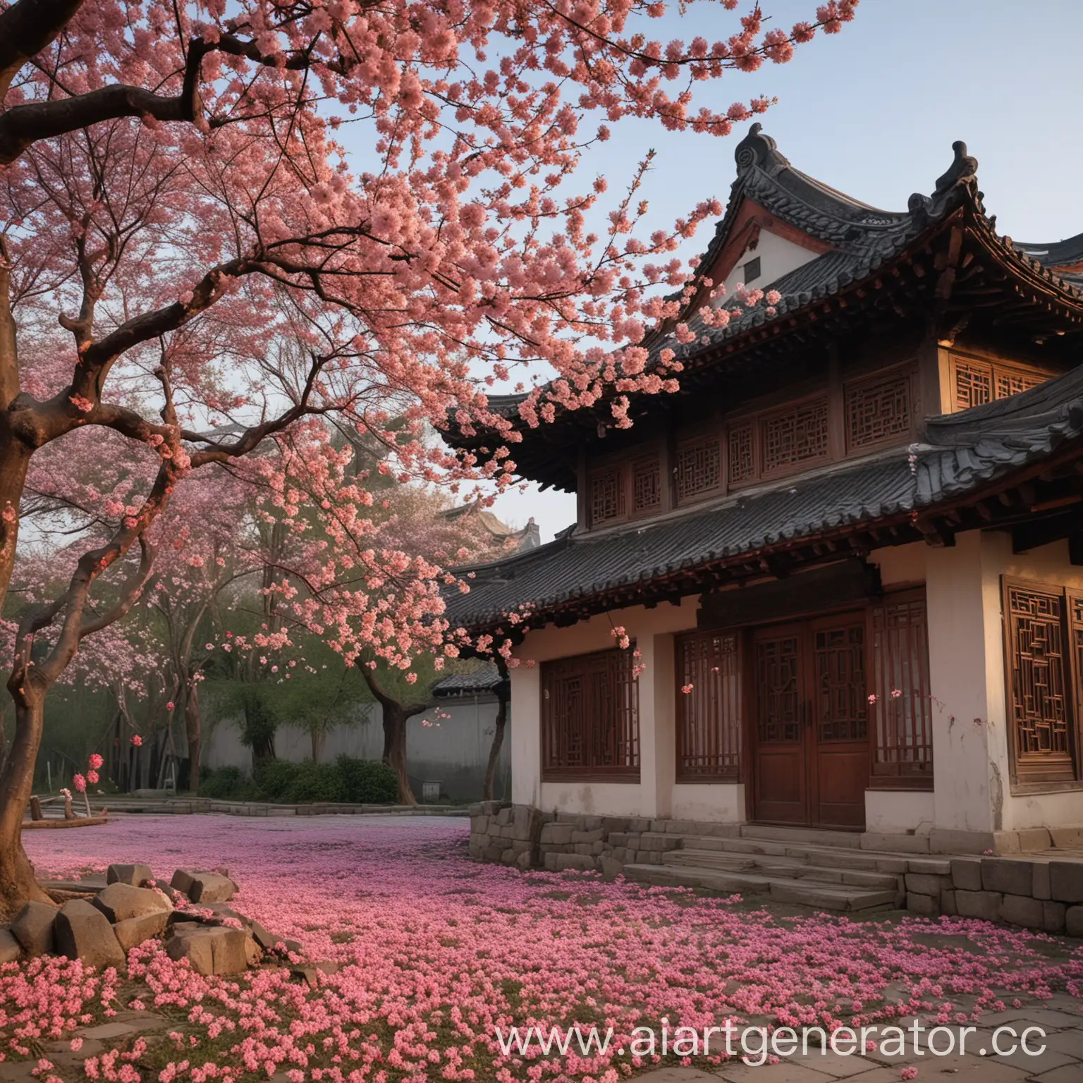 Футаж в китае возле китайского дома, опадающая цветущая сакура по краям, время суток: день