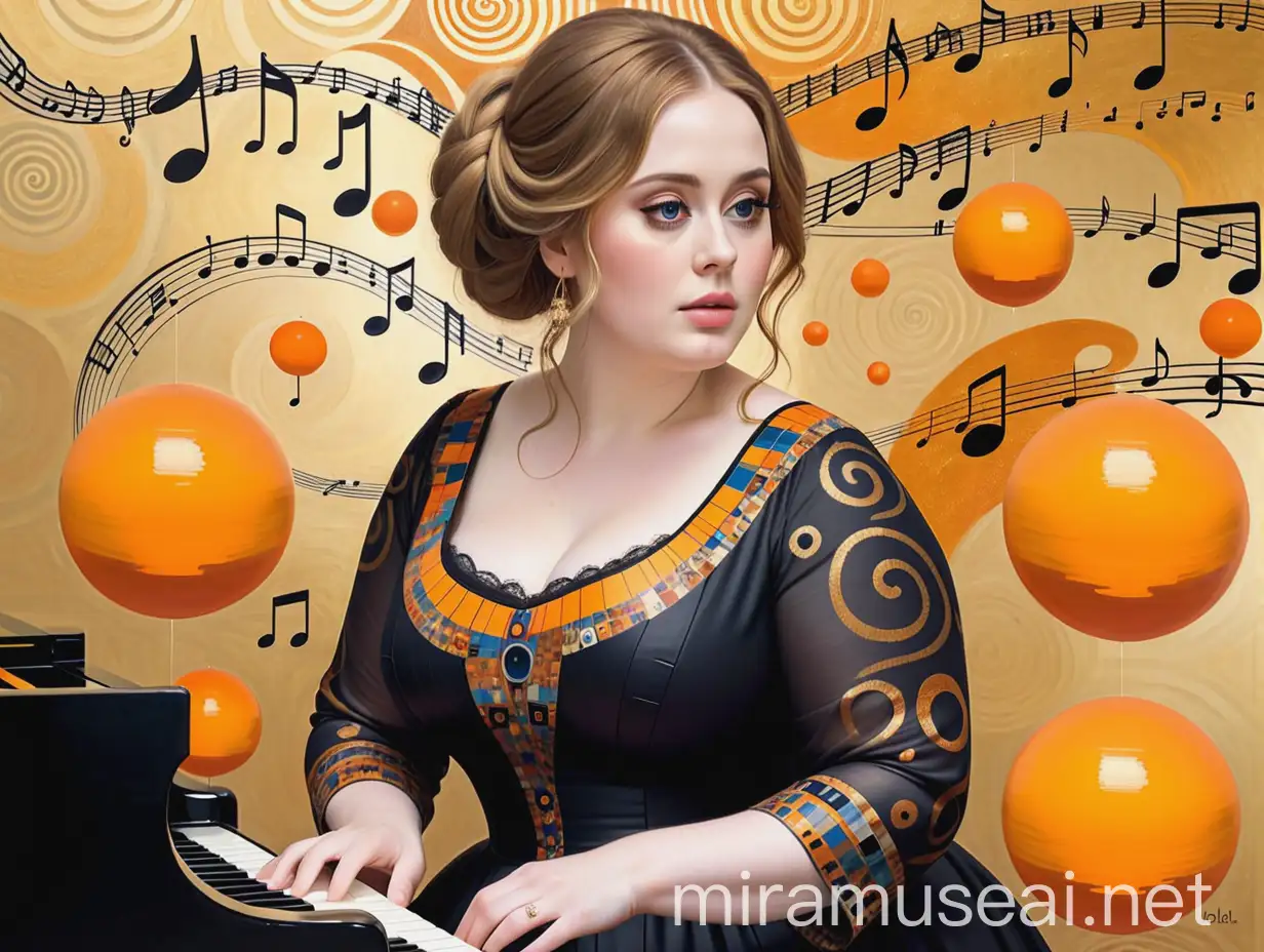 Masterpiece: Adele play piano, "the joy of music", by Gustav Klimt; orange orbs; music notes. gustav klimt lost his golden patterns upon abandoned liminal space. Klimt style patterns. <lora:fix_hands:1> <lora:add-detail-xl:1> <lora:Gustav Klimt Style_v1_SDXLBase:1>