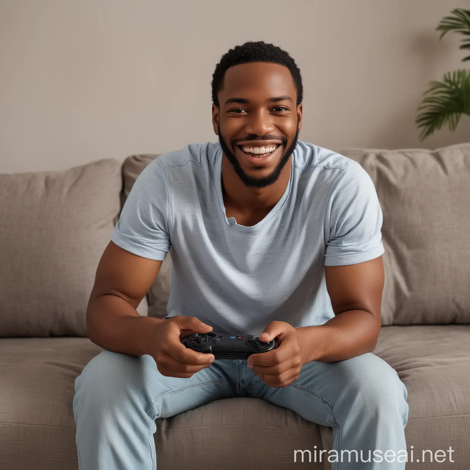 Happy African American Man Playing Video Game on Couch
